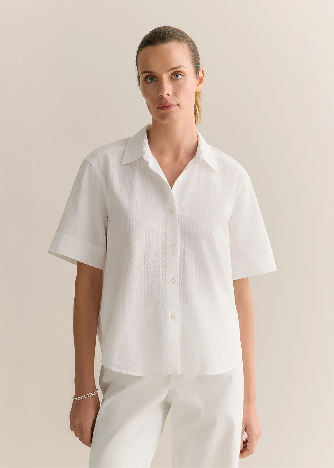 Cotton Seersucker Short Sleeve Shirt - WHITE