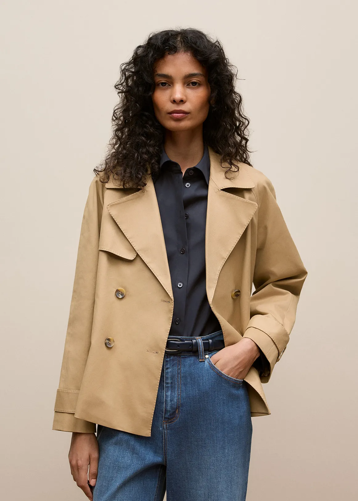 Cotton Twill Cropped Trench Coat - DARK CAMEL