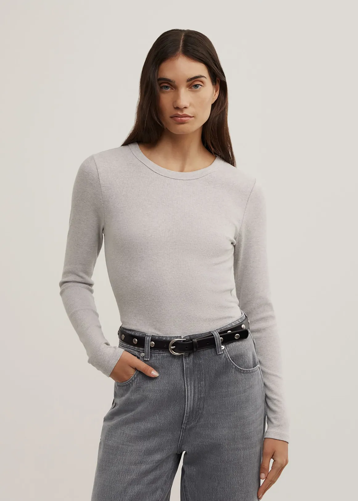 Crew Rib Long Sleeve Top - LIGHT GREY MARLE