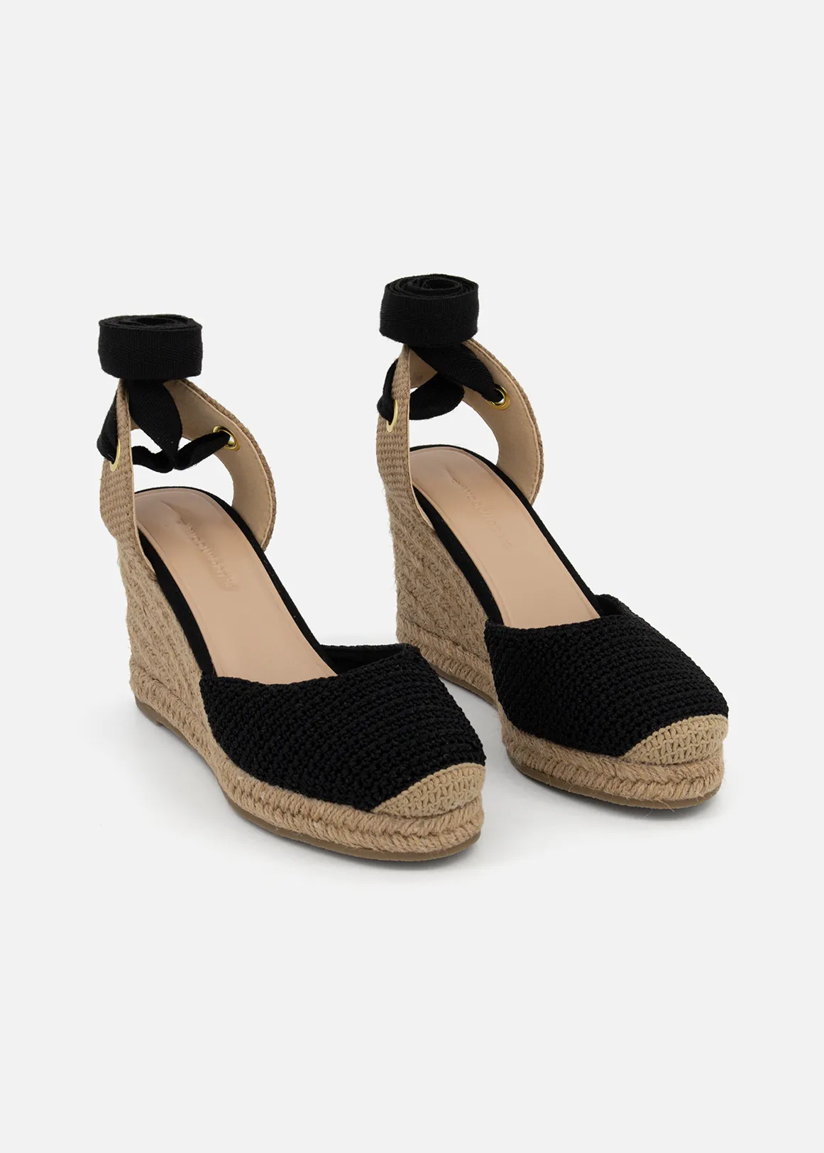 Crochet Ankle Strap Wedge Espadrilles - BLACK