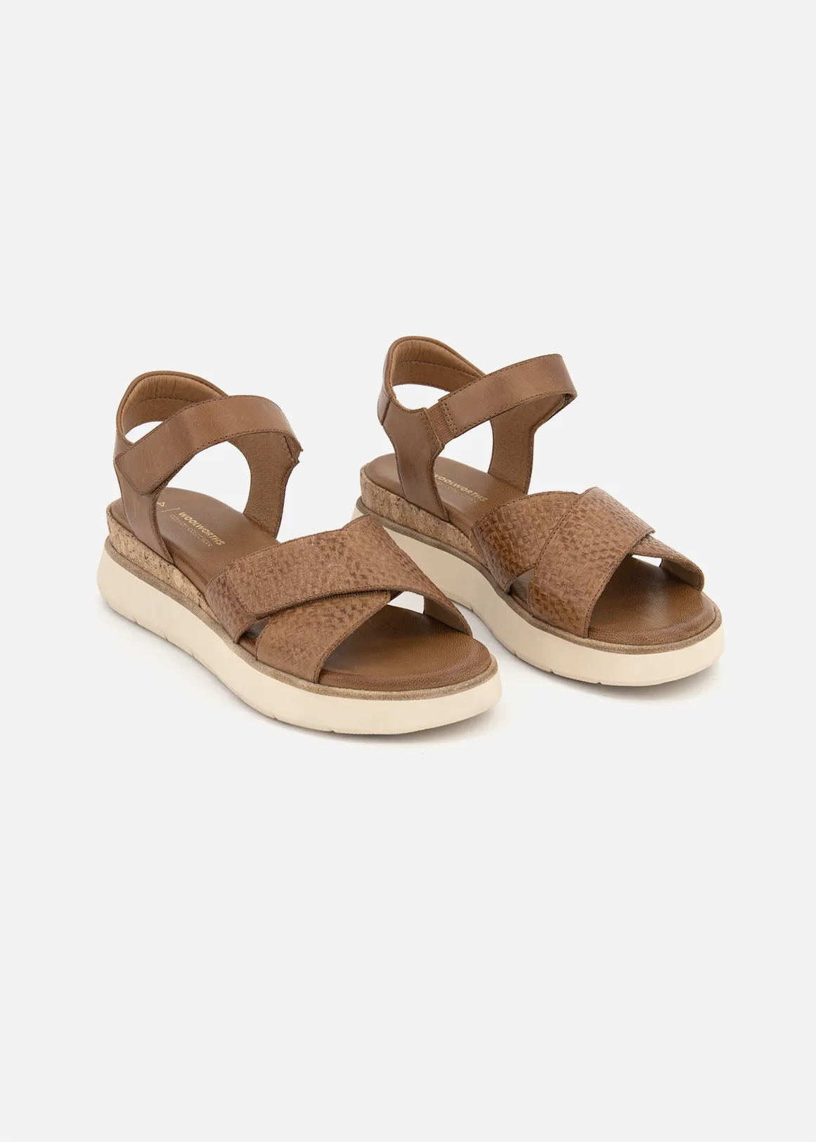 Crossover Slingback Wedge Leather Sandals - Comfort Leather - TAN