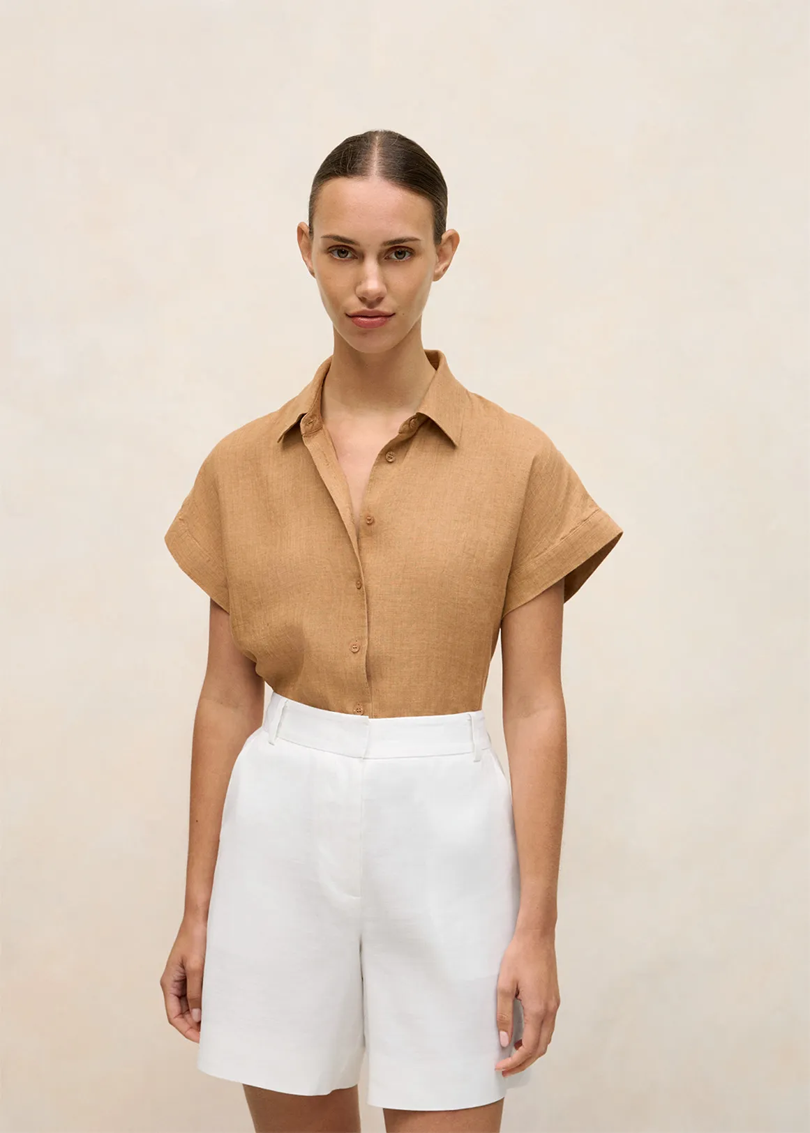 Delave Linen Cap Sleeve Shirt - SAHARA TAN