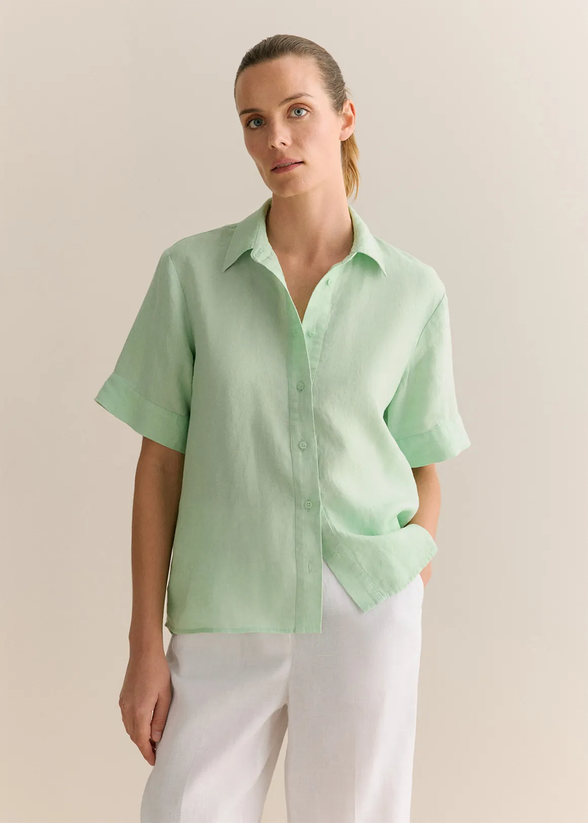 Delave Linen Short Sleeve Shirt - COOL FERN