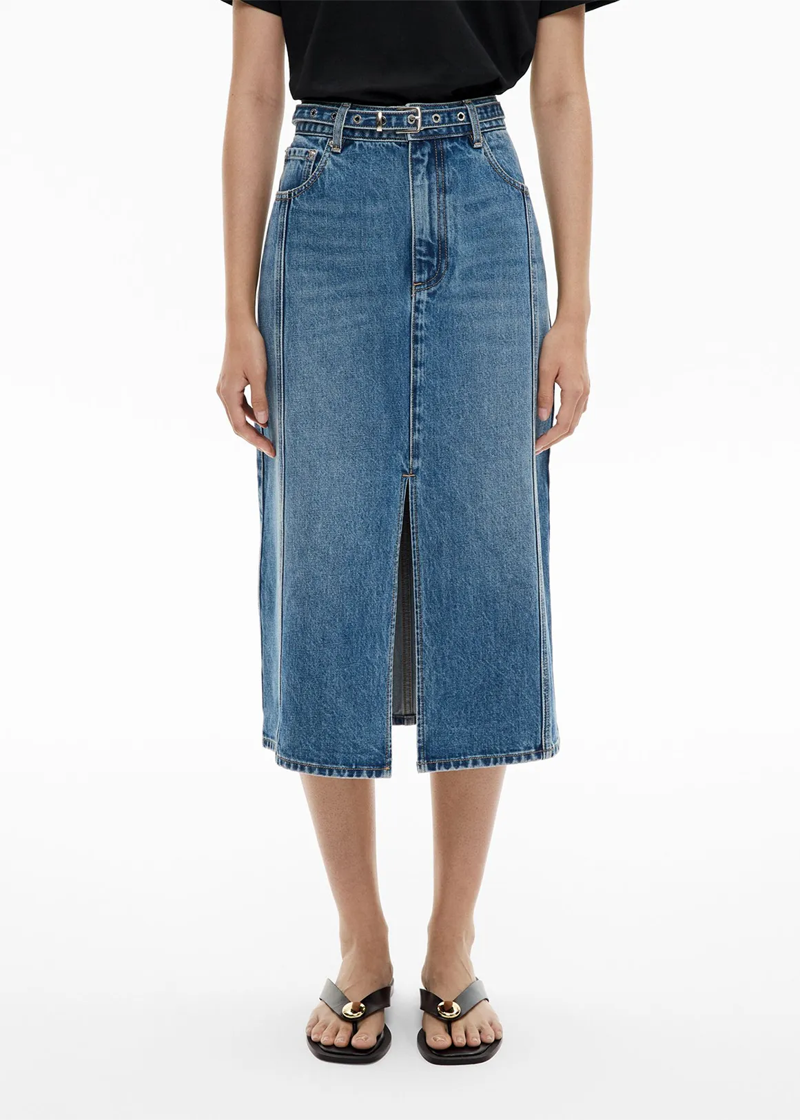 Denim Belt Midi Skirt - INDIGO1