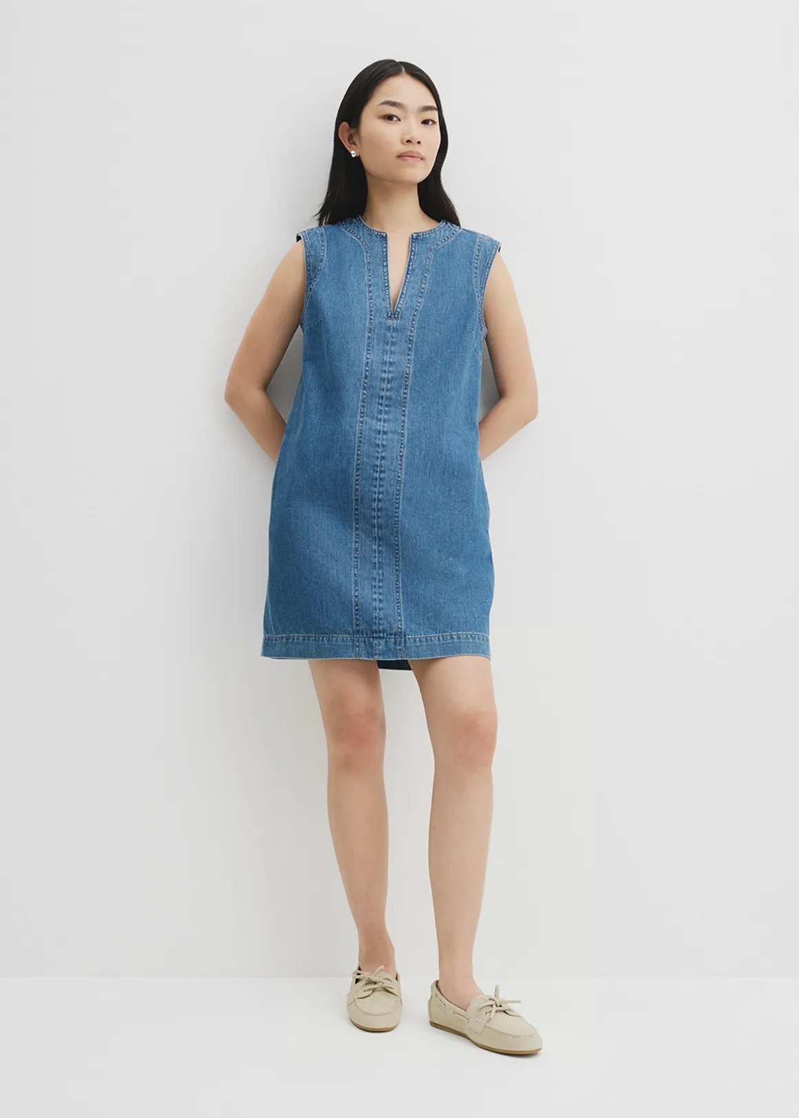 Denim Mini Dress - MID BLUE WASH