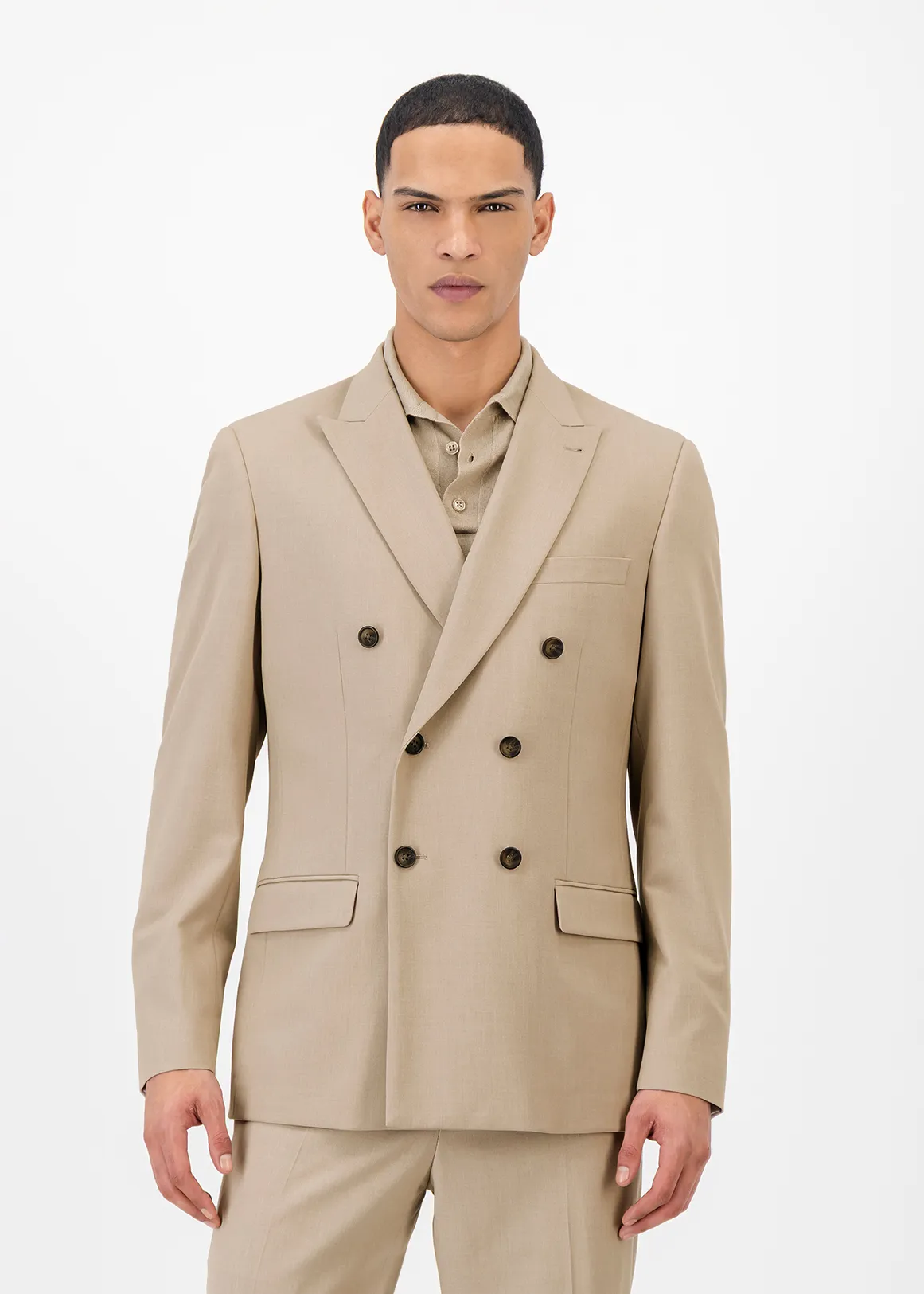 Double Breasted Slim Fit Bi-stretch Suit Jacket - BEIGE