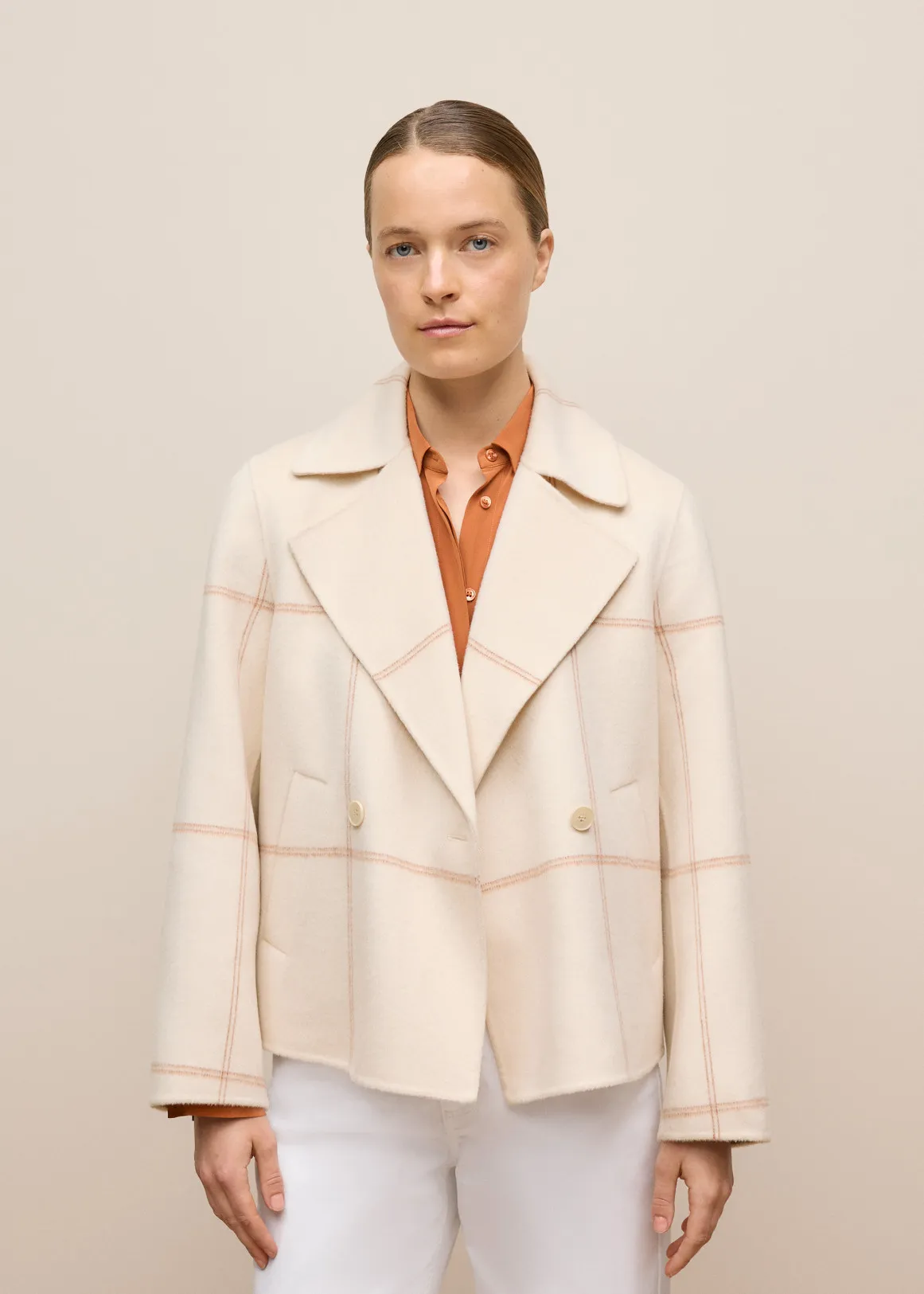 Double Faced Wool Check Peacoat - STONE