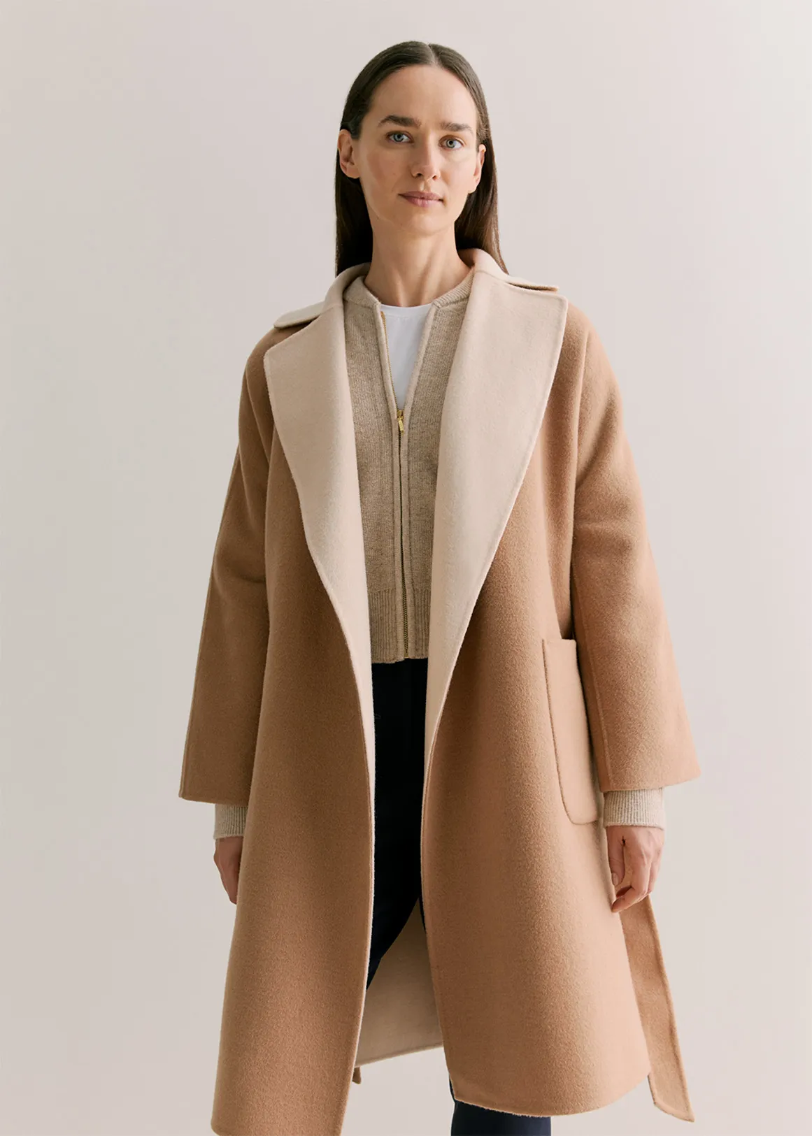 Double Faced Wool Contrast Wrap Coat - DARK CAMEL