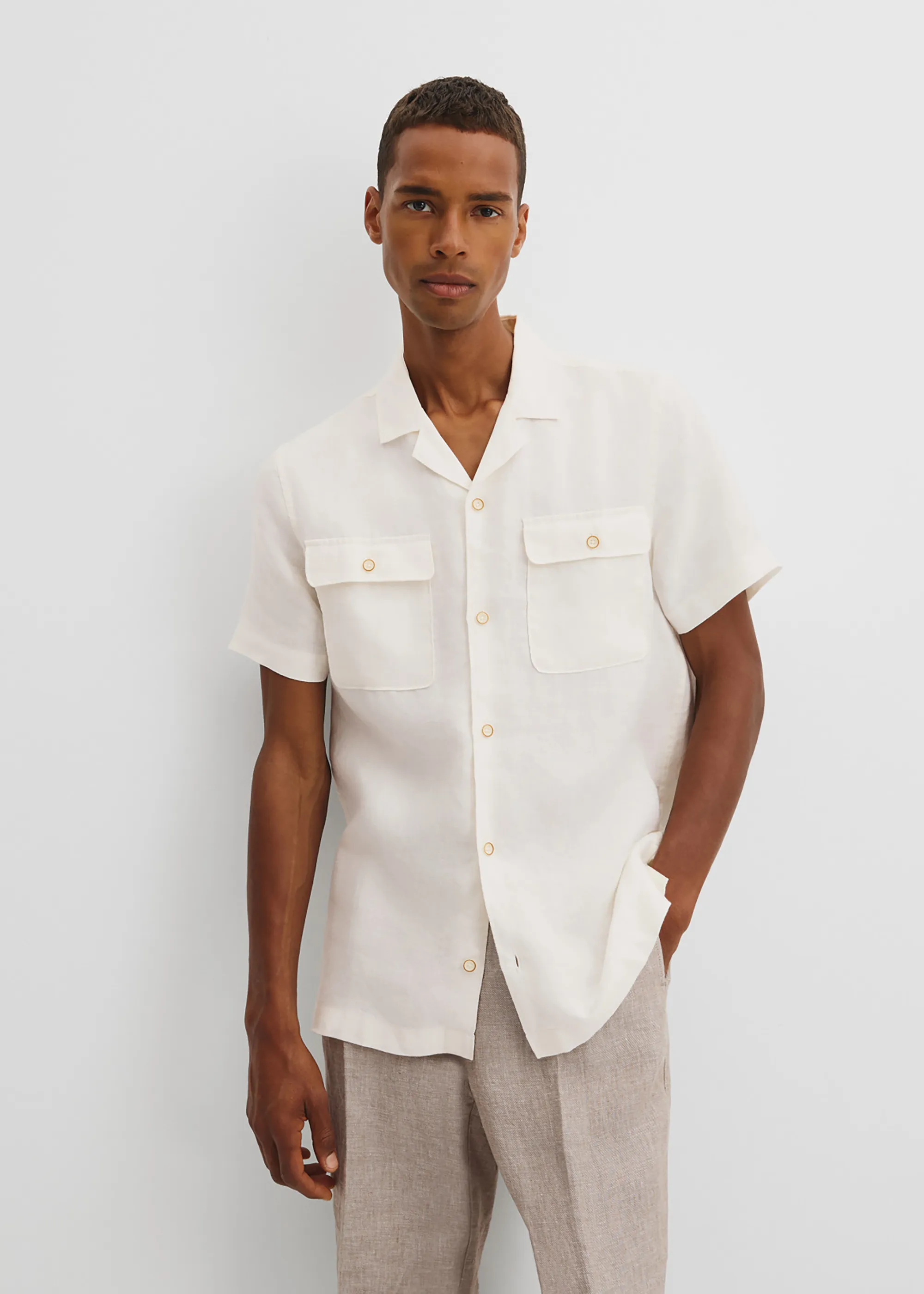 Double Pocket Textured Linen Short Sleeve Shirt - OAT