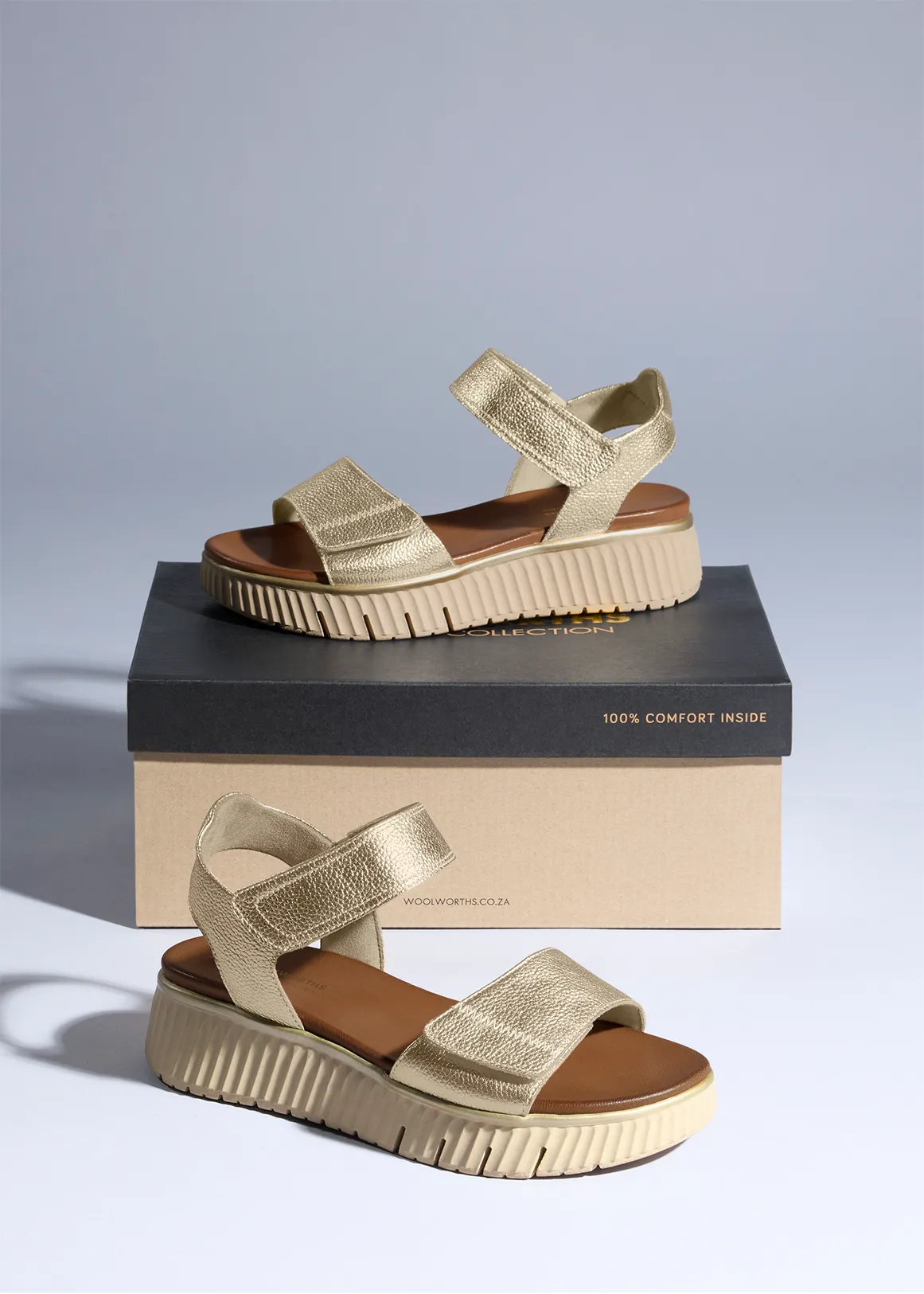 Double Strap Leather Slingback Sandals - Comfort Leather - GOLD