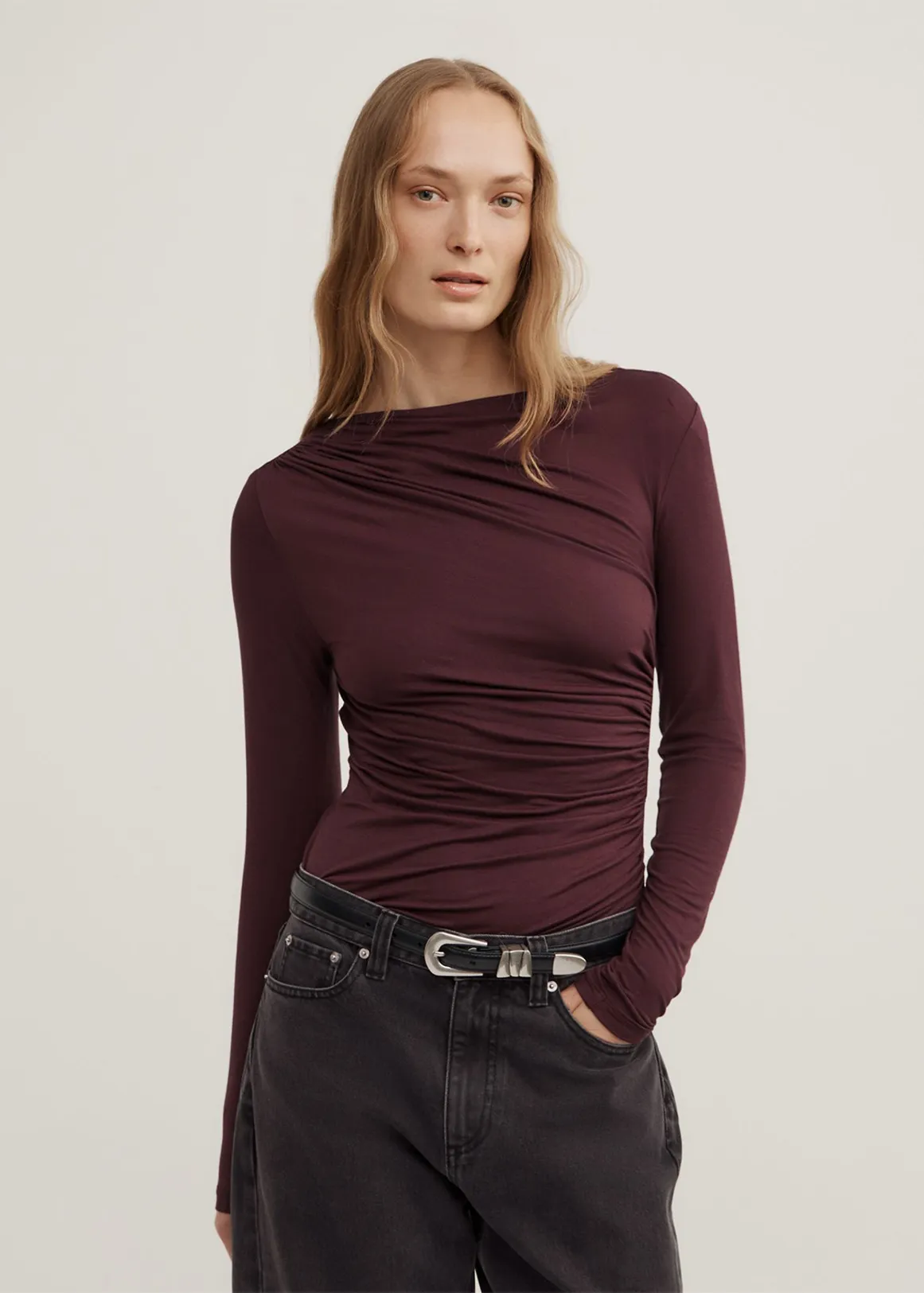 Draped Jersey Long Sleeve Top - AUBERGINE