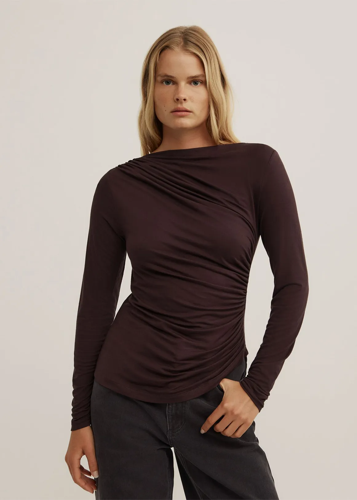 Draped Jersey Long Sleeve Top - ESPRESSO