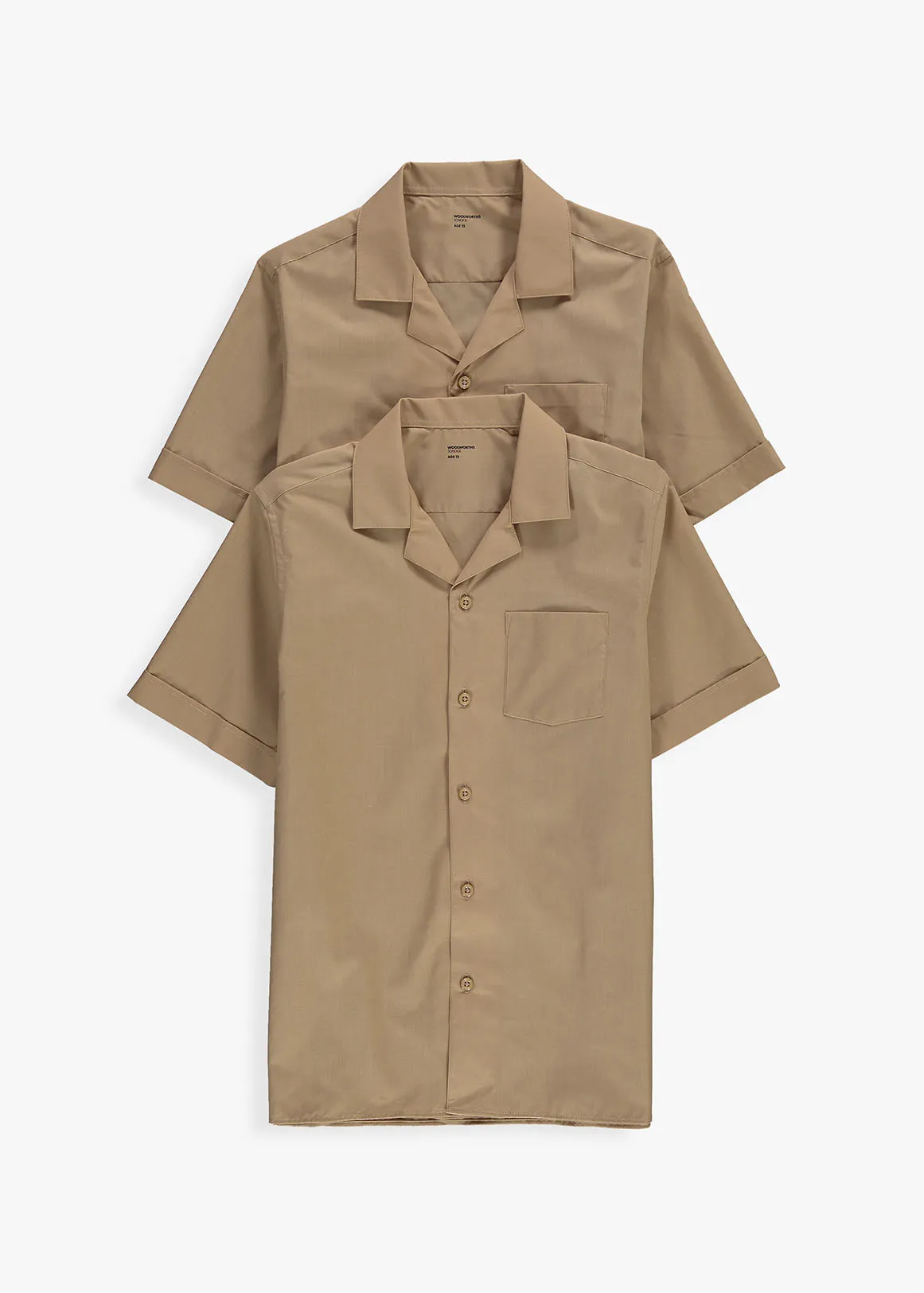 Easy Care Regular Fit Open Neck School Shirts 2 Pack - KHAKI