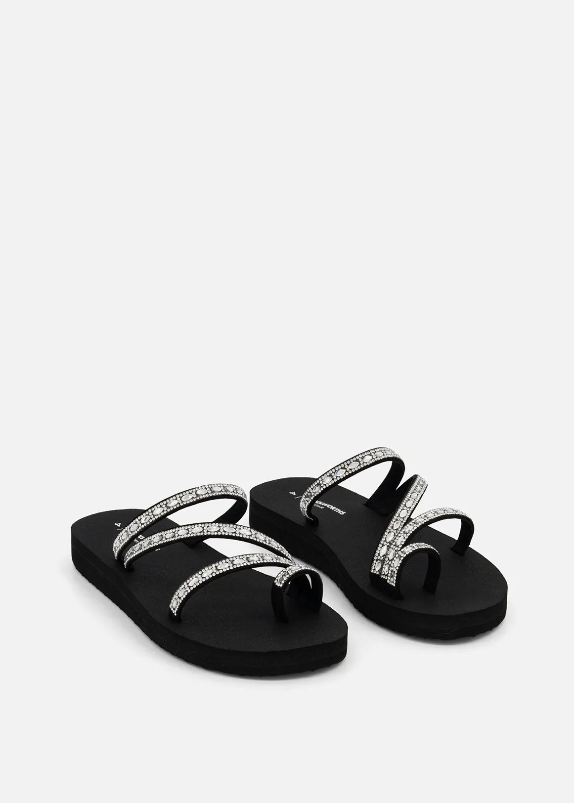 Embellished Strappy Toe Loop Flip Flops - BLACK