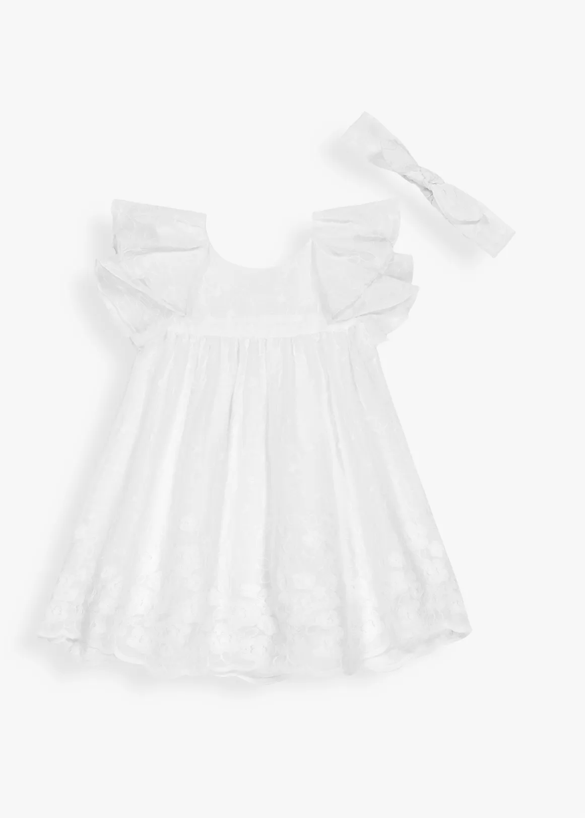 Embroidery Organza Occasion Dress & Headband Set - WHITE
