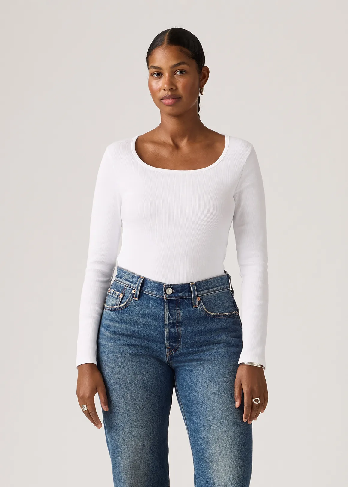 Essential Square Neck Long-Sleeve Tee Tank - WHITE