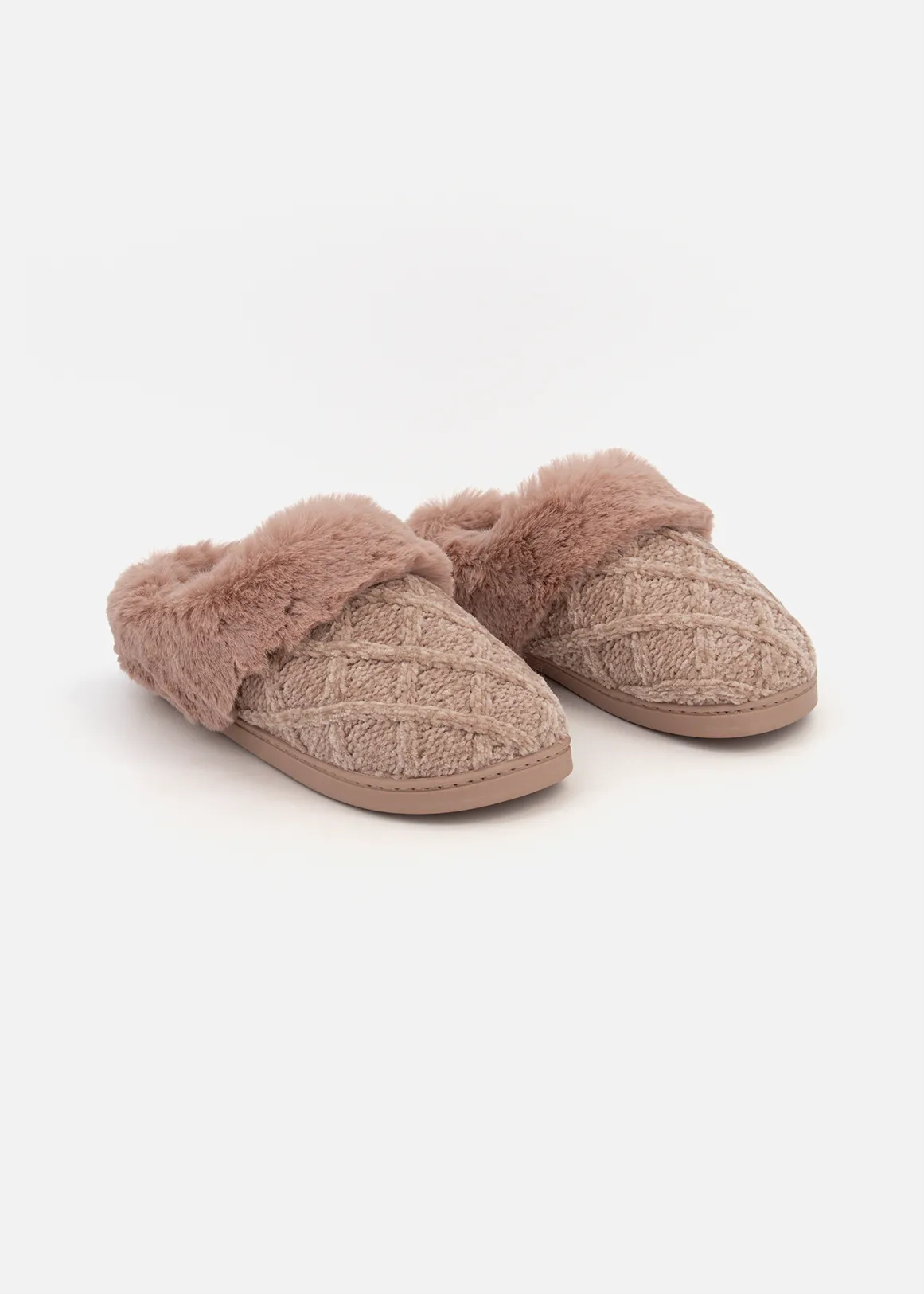 Faux Fur Knit Mule Slippers - DUSTY PINK