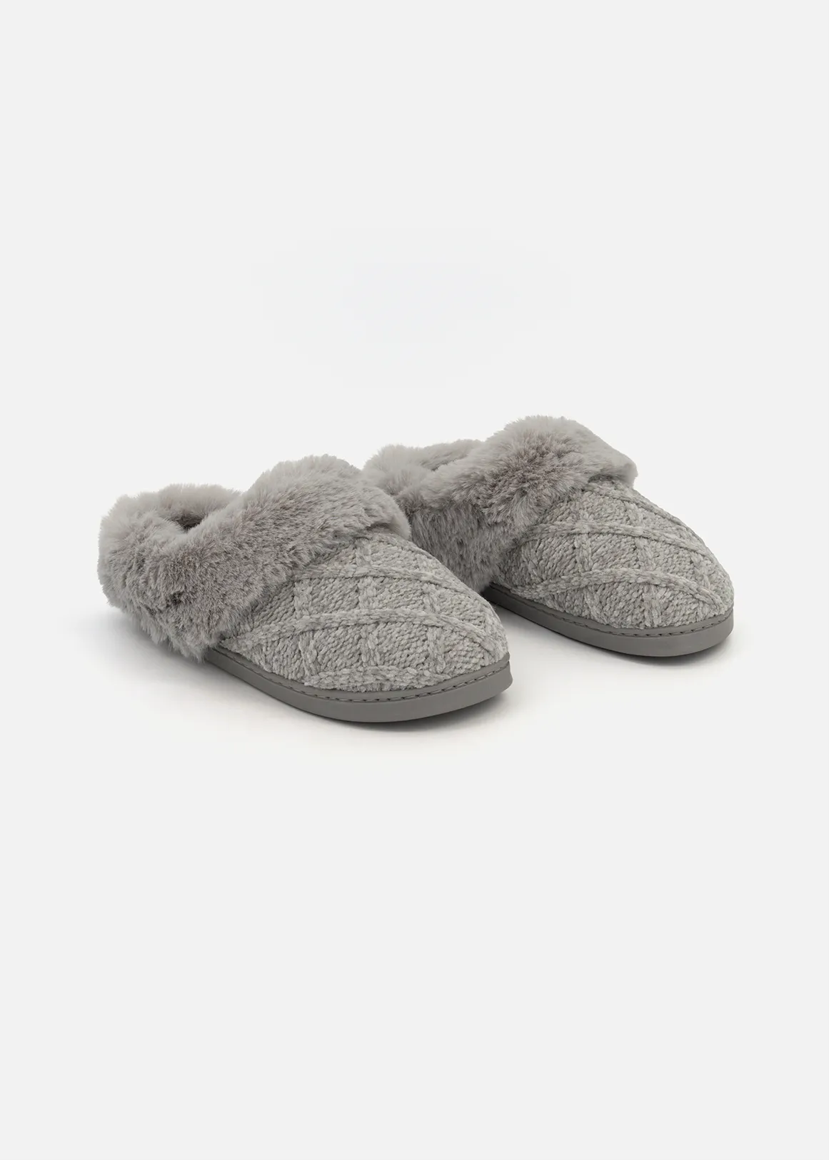 Faux Fur Knit Mule Slippers - GREY
