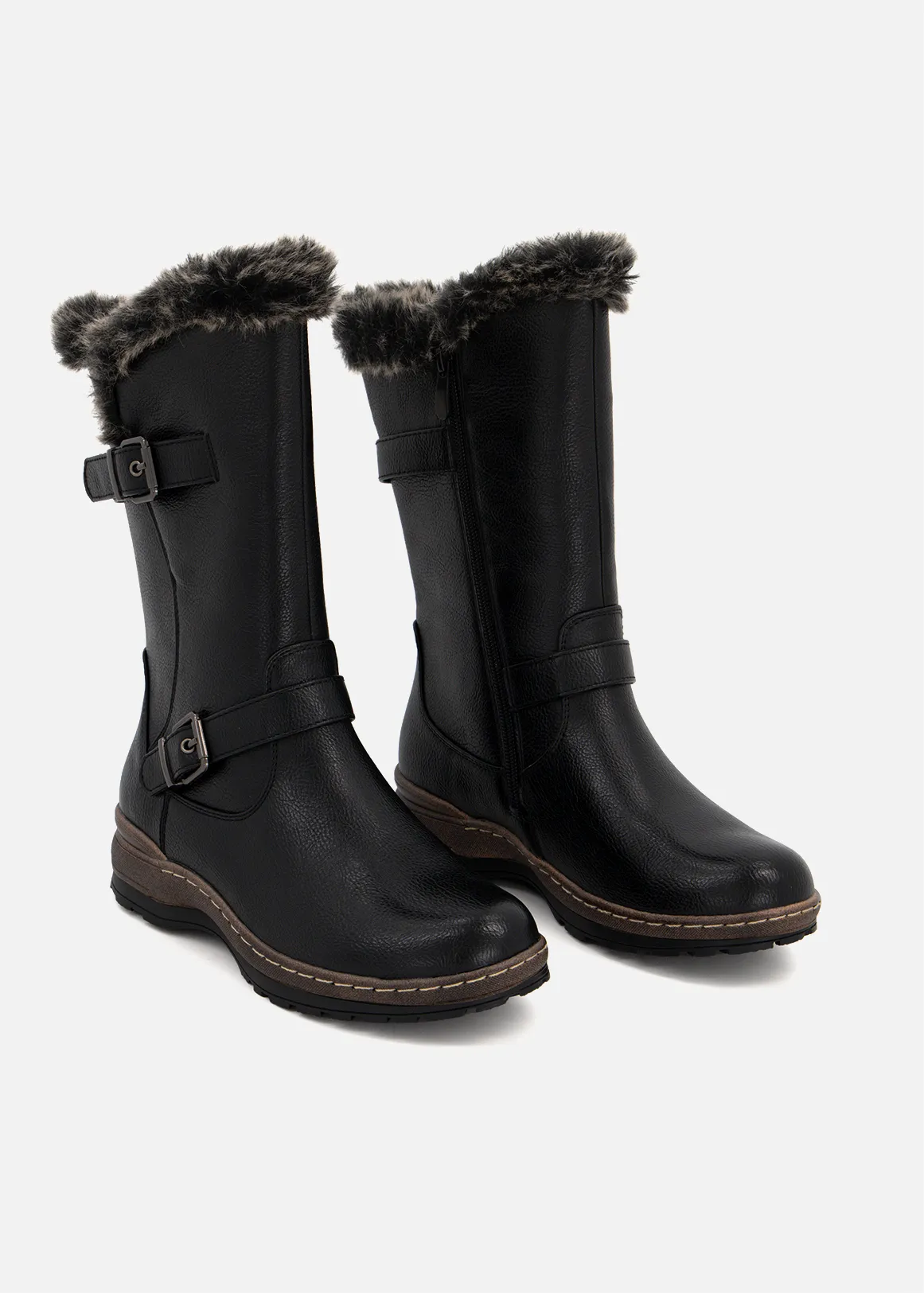 Faux Fur Trim Double Buckle Mid Calf Boots - BLACK