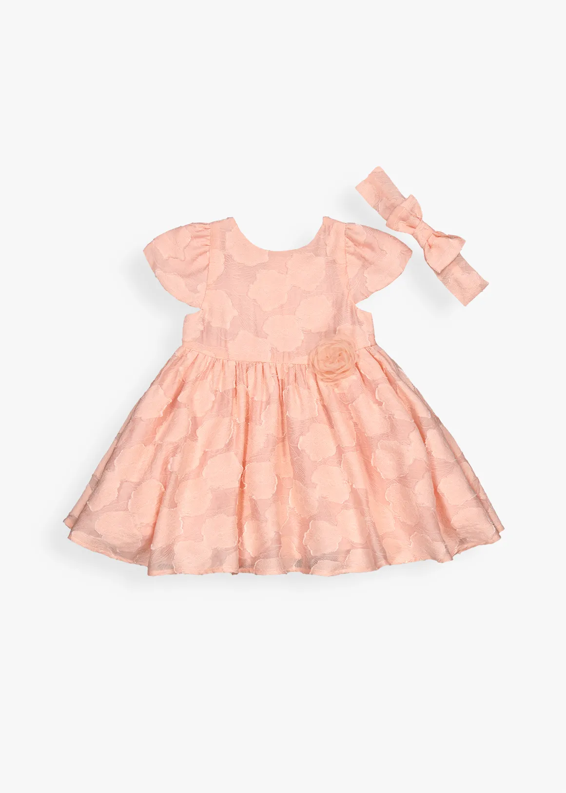 Floral Burnout Occasion Dress & Headband Set - PEACH