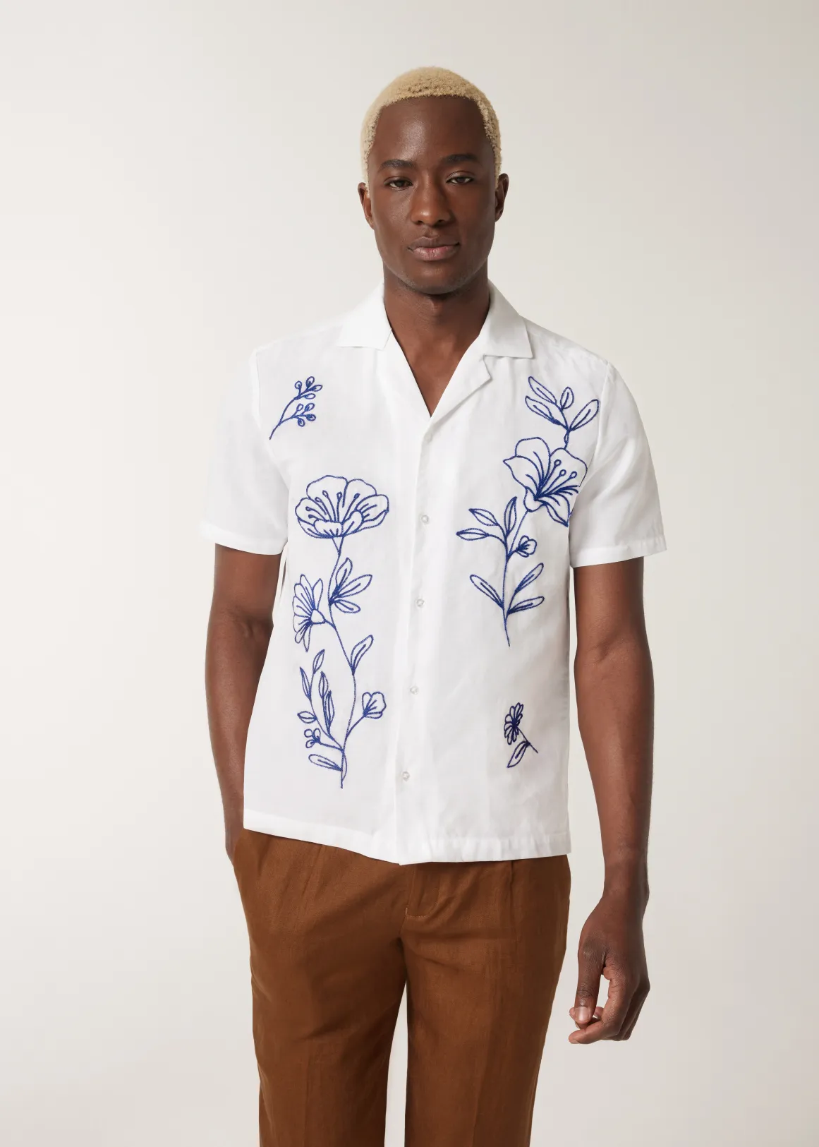 Floral Embroidery Cuban Collar Shirt - WHITE