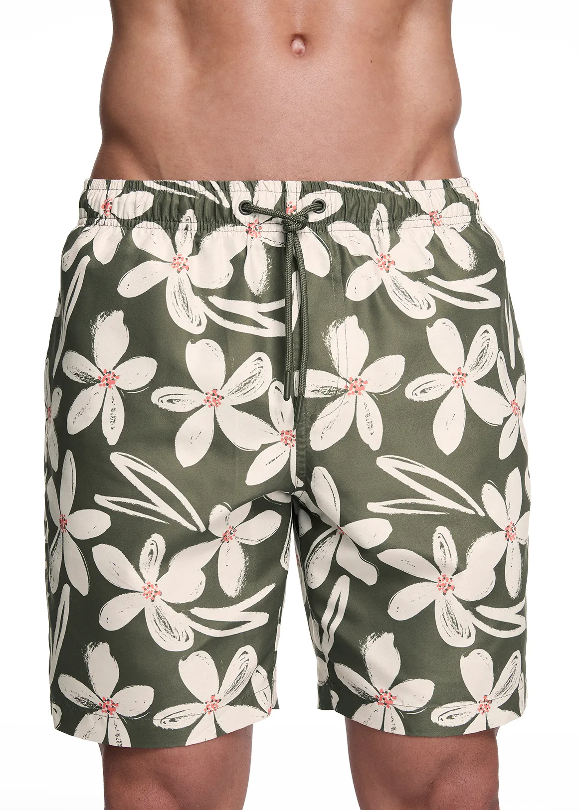 Floral Slim Fit Longer Length Swim Shorts - X KHAKI