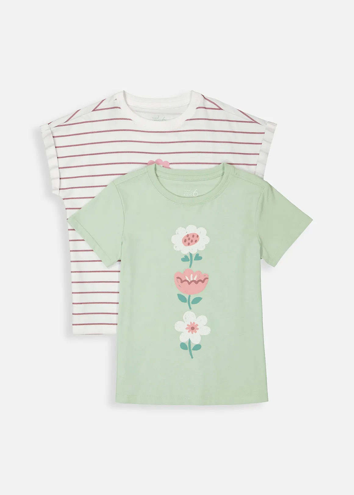 Flower Stripe Cotton T-shirts 2 Pack - X GREEN
