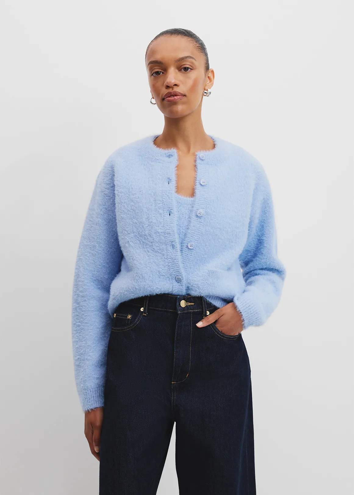Fluffy Knit Cardigan - LAKE BLUE