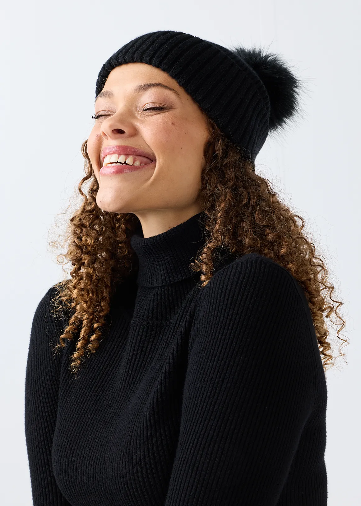Fluffy Pompom Knit Beanie - BLACK