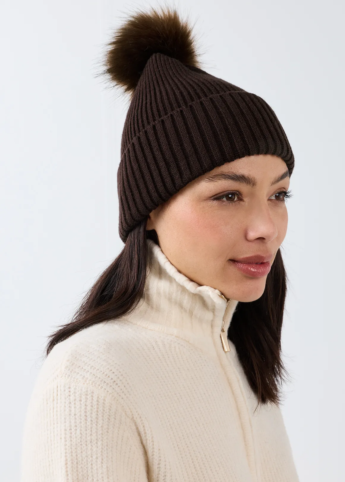 Fluffy Pompom Knit Beanie - BROWN