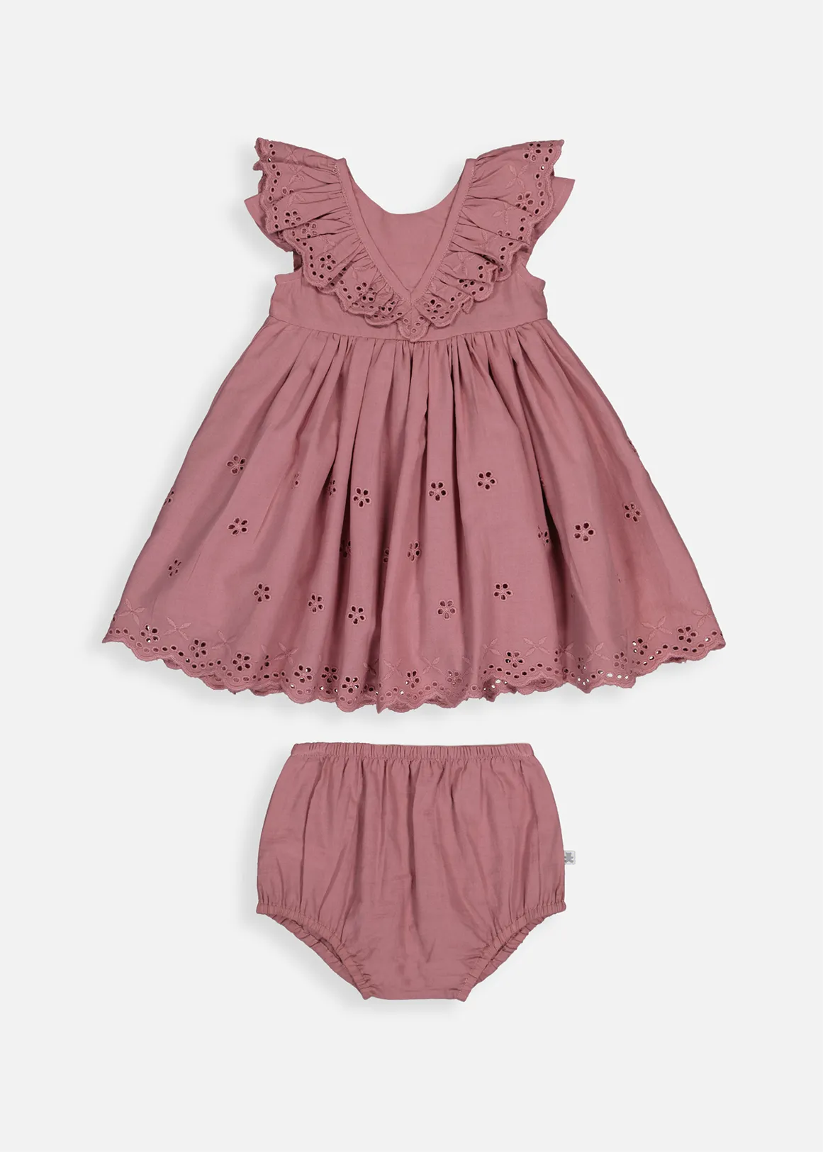 Frilly Embroidery Cotton Dress & Bloomers Set - DARK PINK