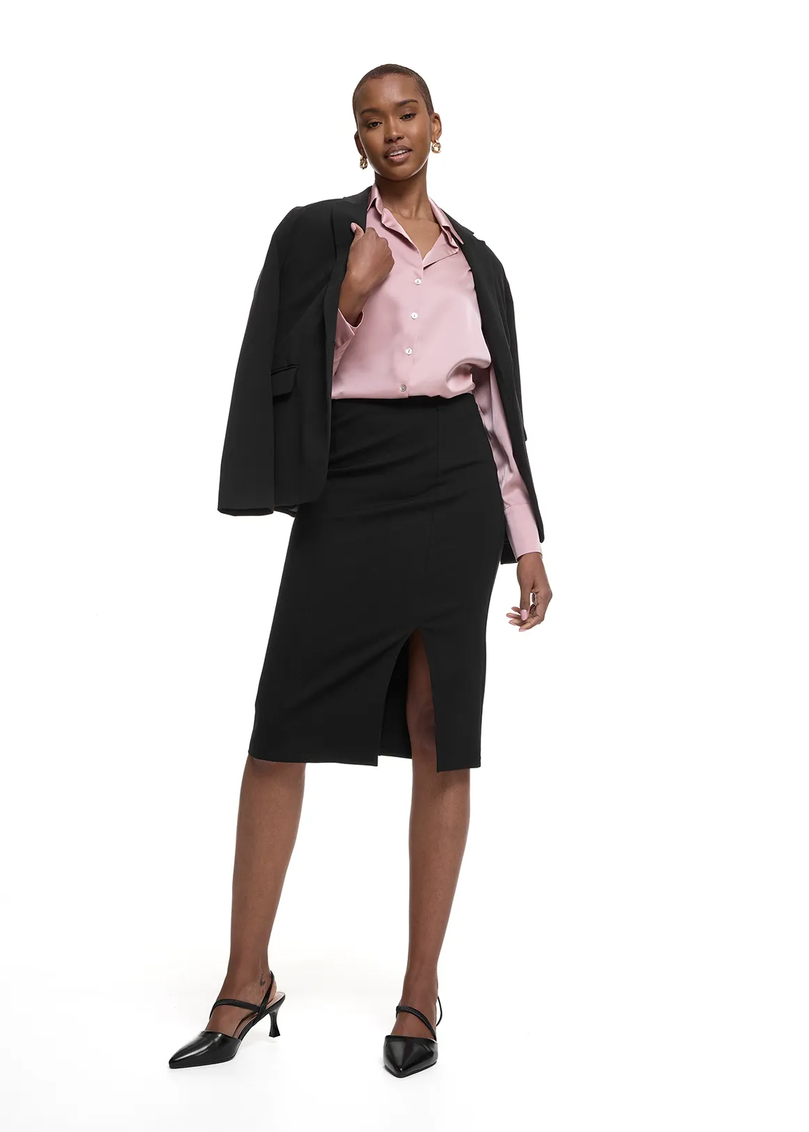 Front Slit Viscose Blend Pencil Skirt - BLACK