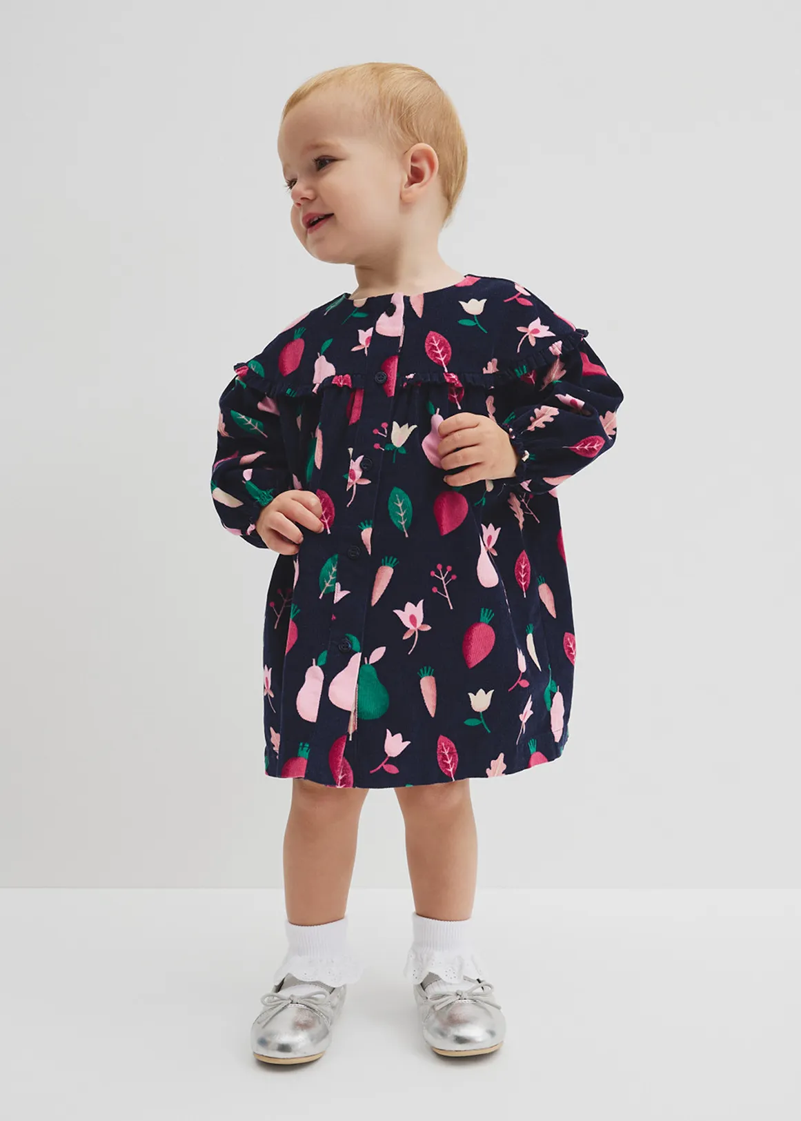 Fruit Frill Long Sleeve Cord Dress - NAVY MULTI