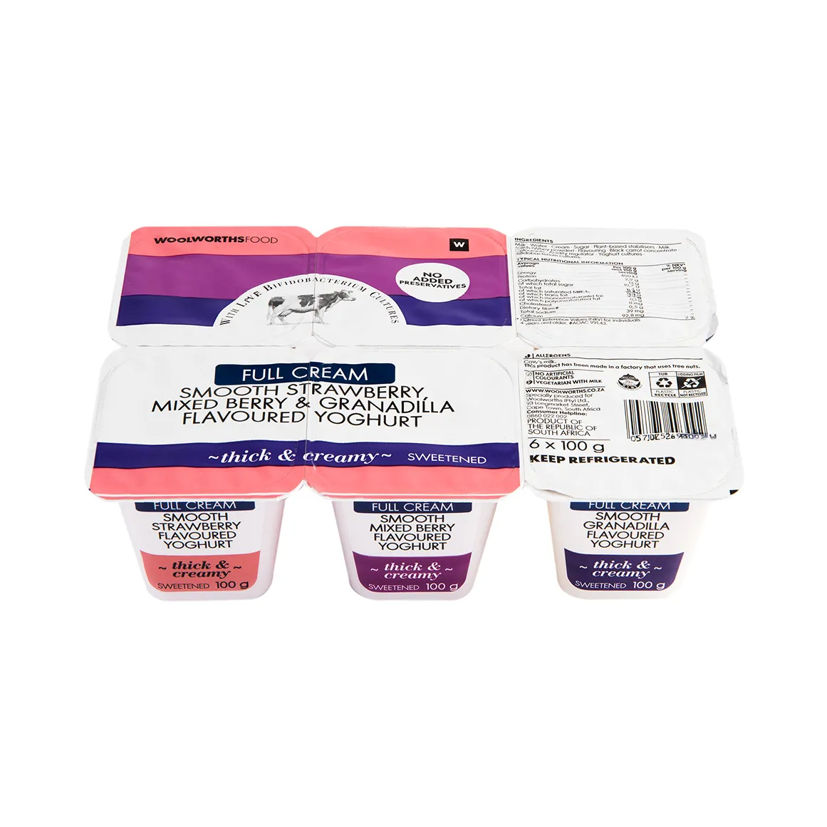 Full Cream Smooth Strawberry, Granadilla & Mixed Berry Yoghurt 6 x 100 g