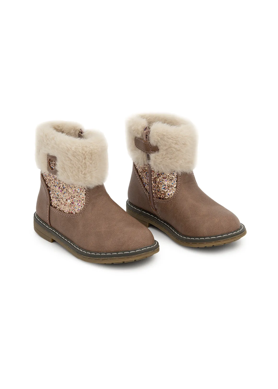 Fur Collar Glitter Chelsea Boots (Size 5-13) Younger Girl - DARK PINK