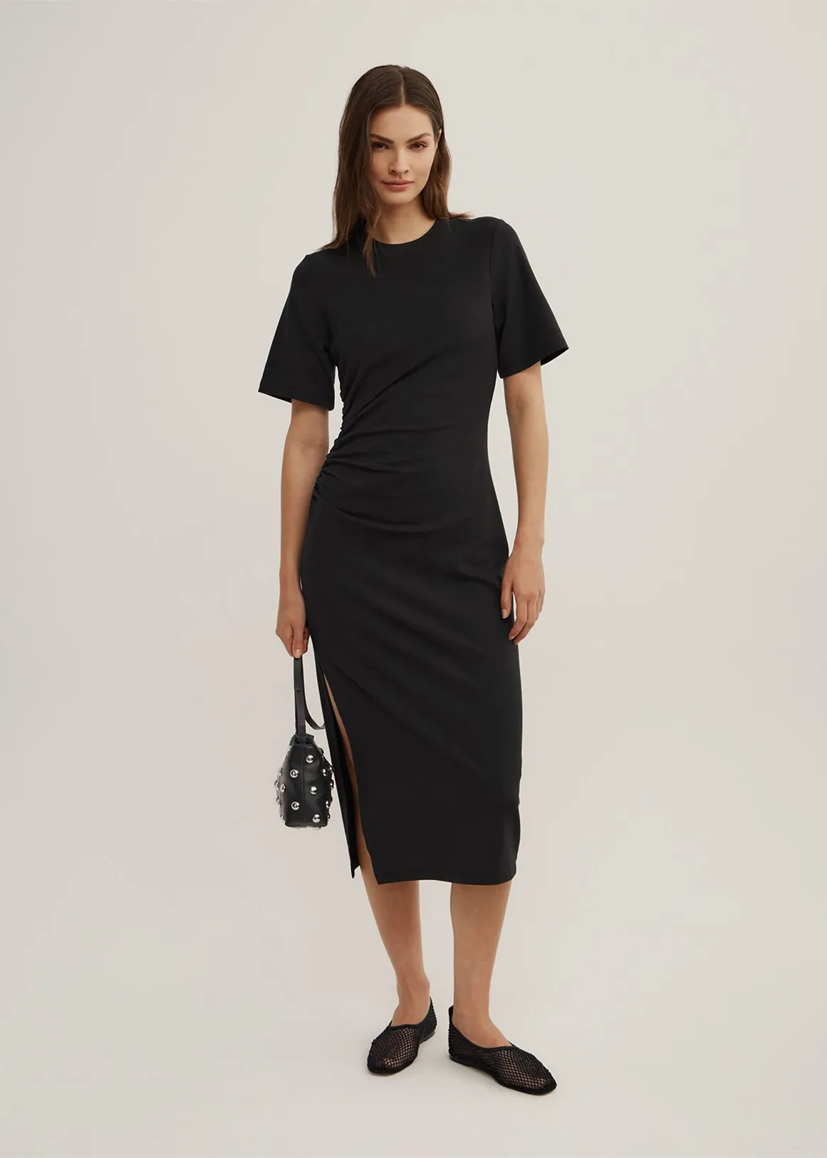 Gather T-Shirt Dress - BLACK
