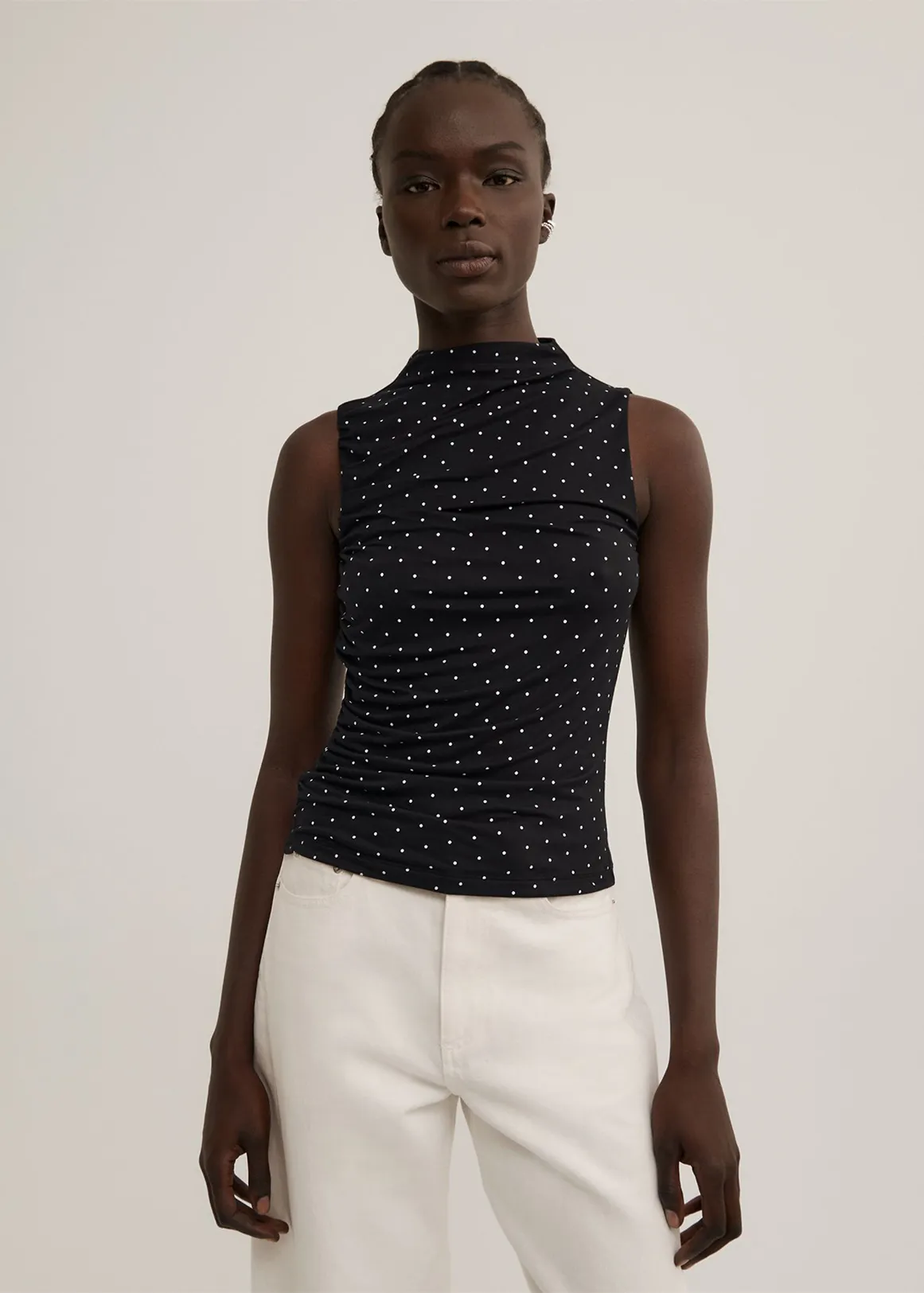 Gathered Jersey Top - BLACK POLKA DOT