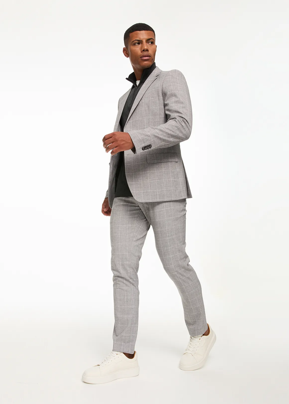 Grey Grid Check Slim Fit Viscose Blend Suit Trousers