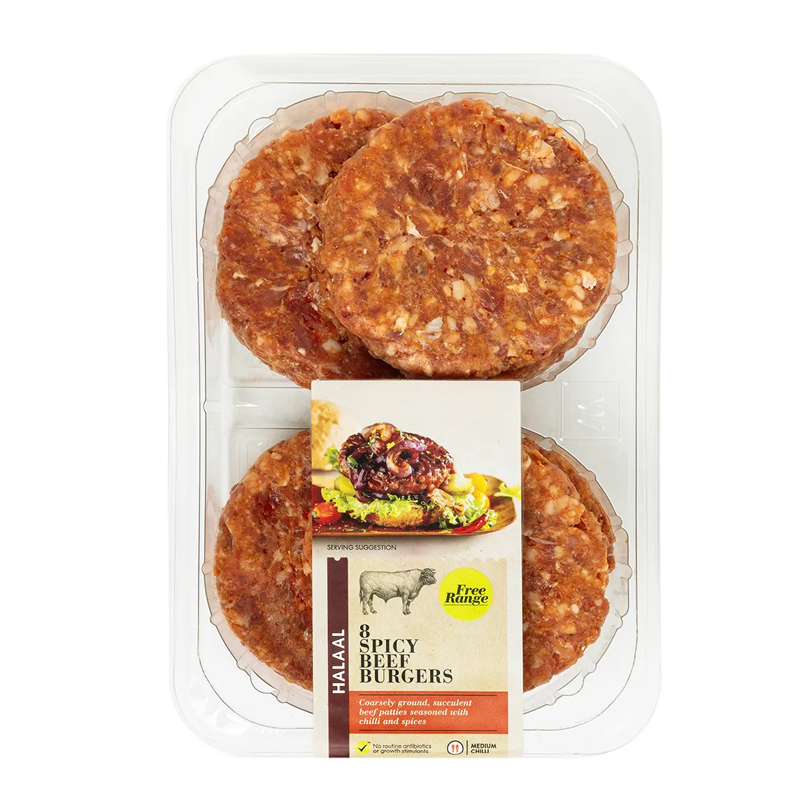 Halaal Free Range Spicy Beef Burgers 8 pk