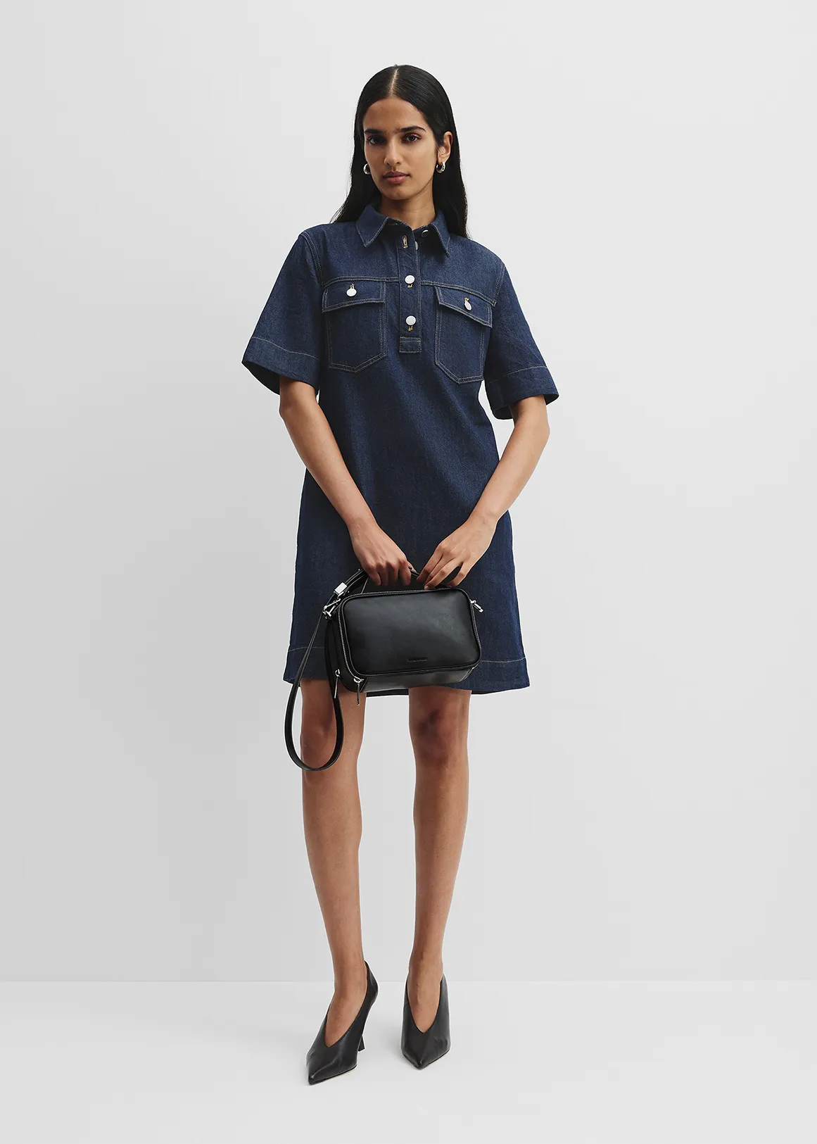 Half Placket Denim Dress - INDIGO RINSE