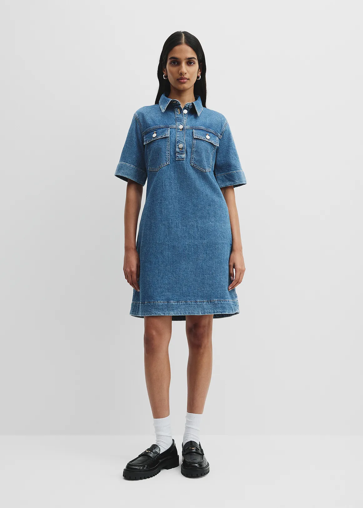 Half Placket Denim Dress - MID BLUE WASH