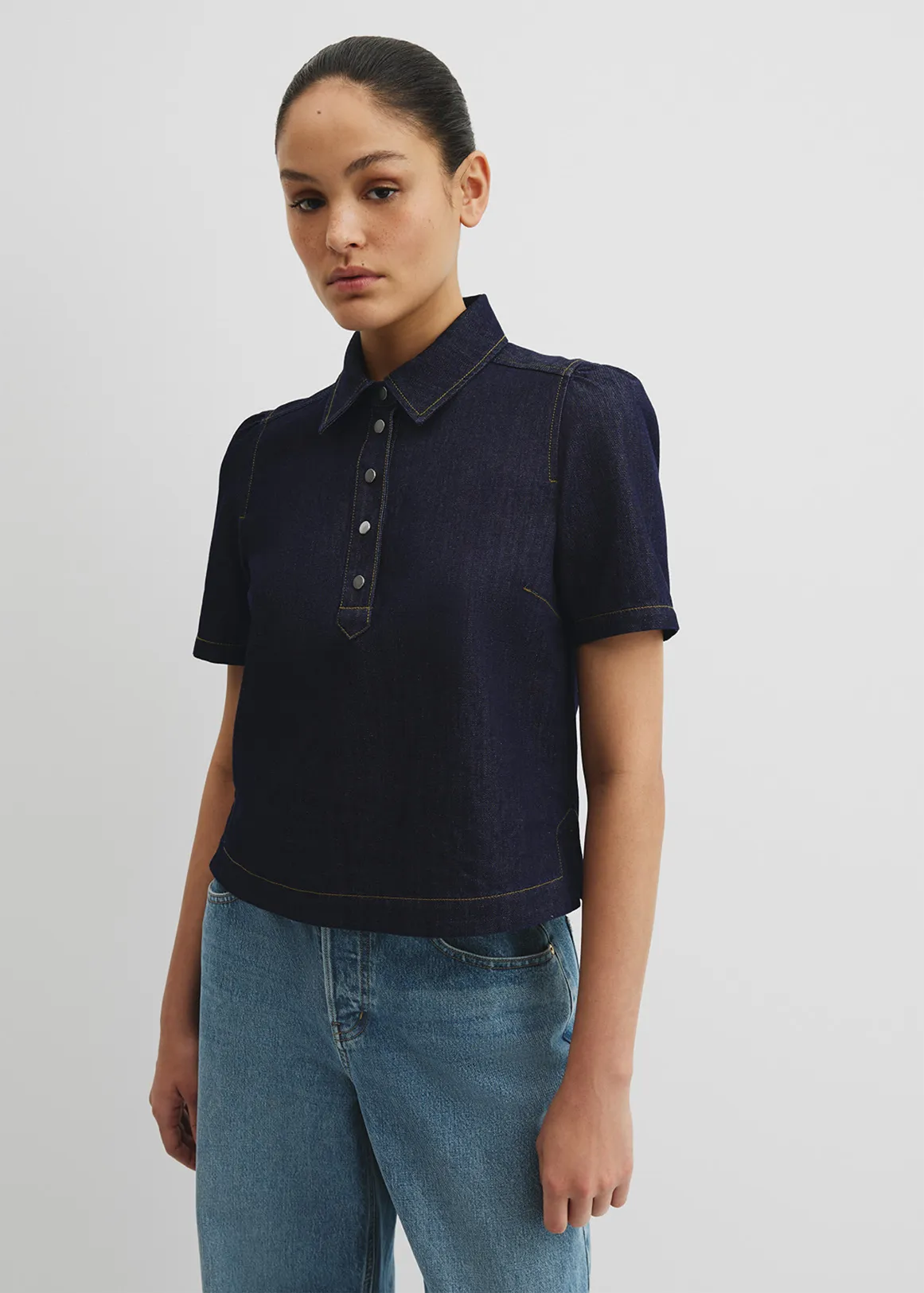 Half Placket Denim Top - DARK INDIGO1