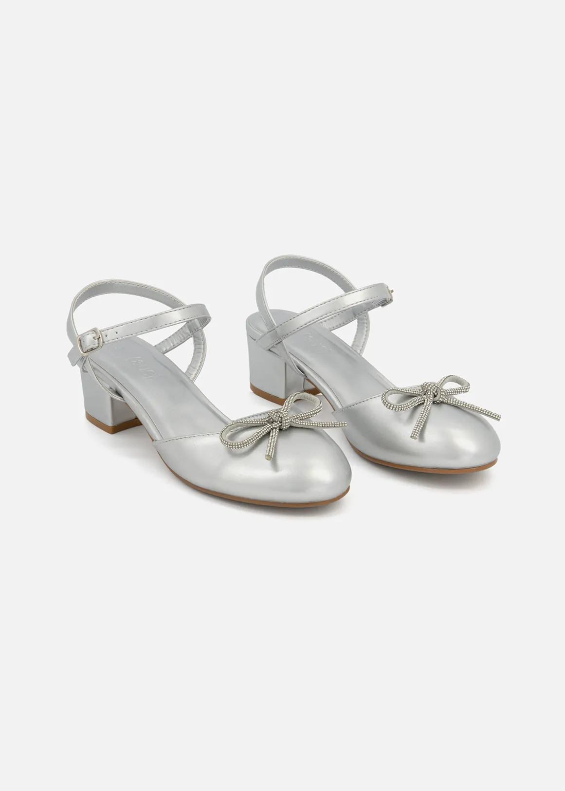Heeled Diamante Bow Shoes (Size 12-6) Older Girl - SILVER