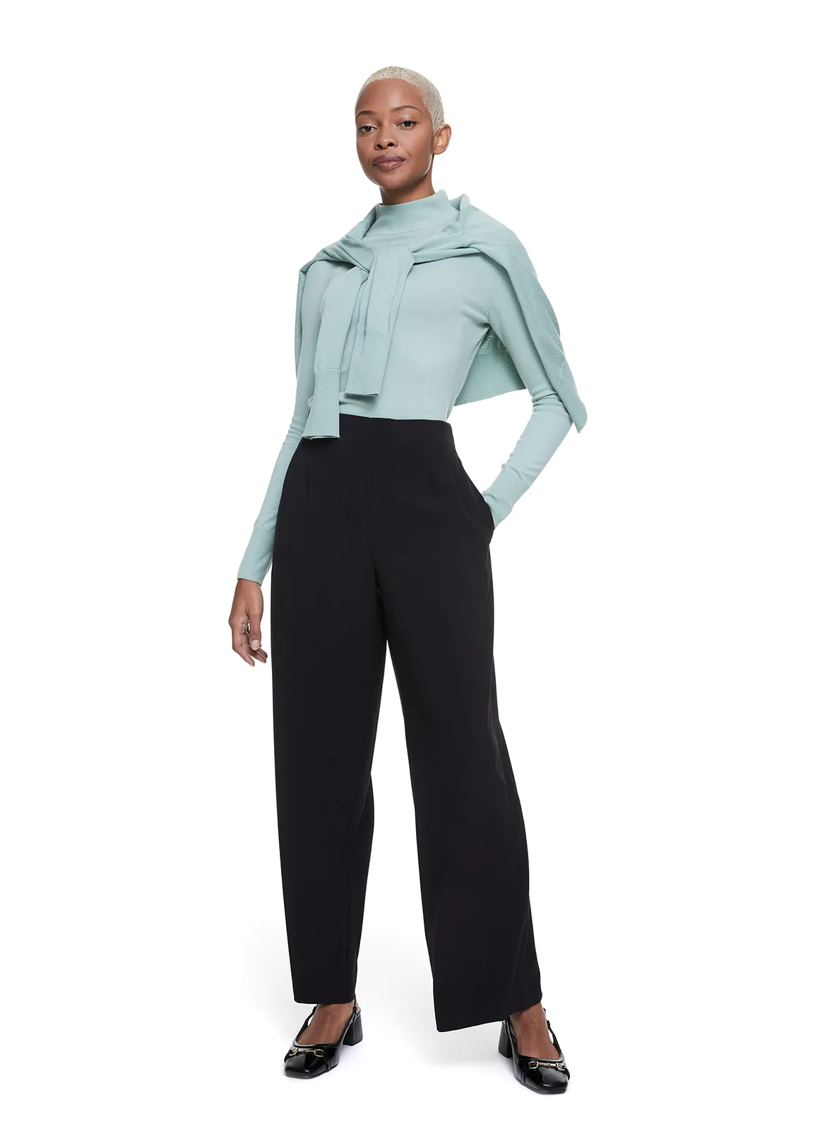 High Rise Pleated Wide Leg Pants - Curvy - BLACK