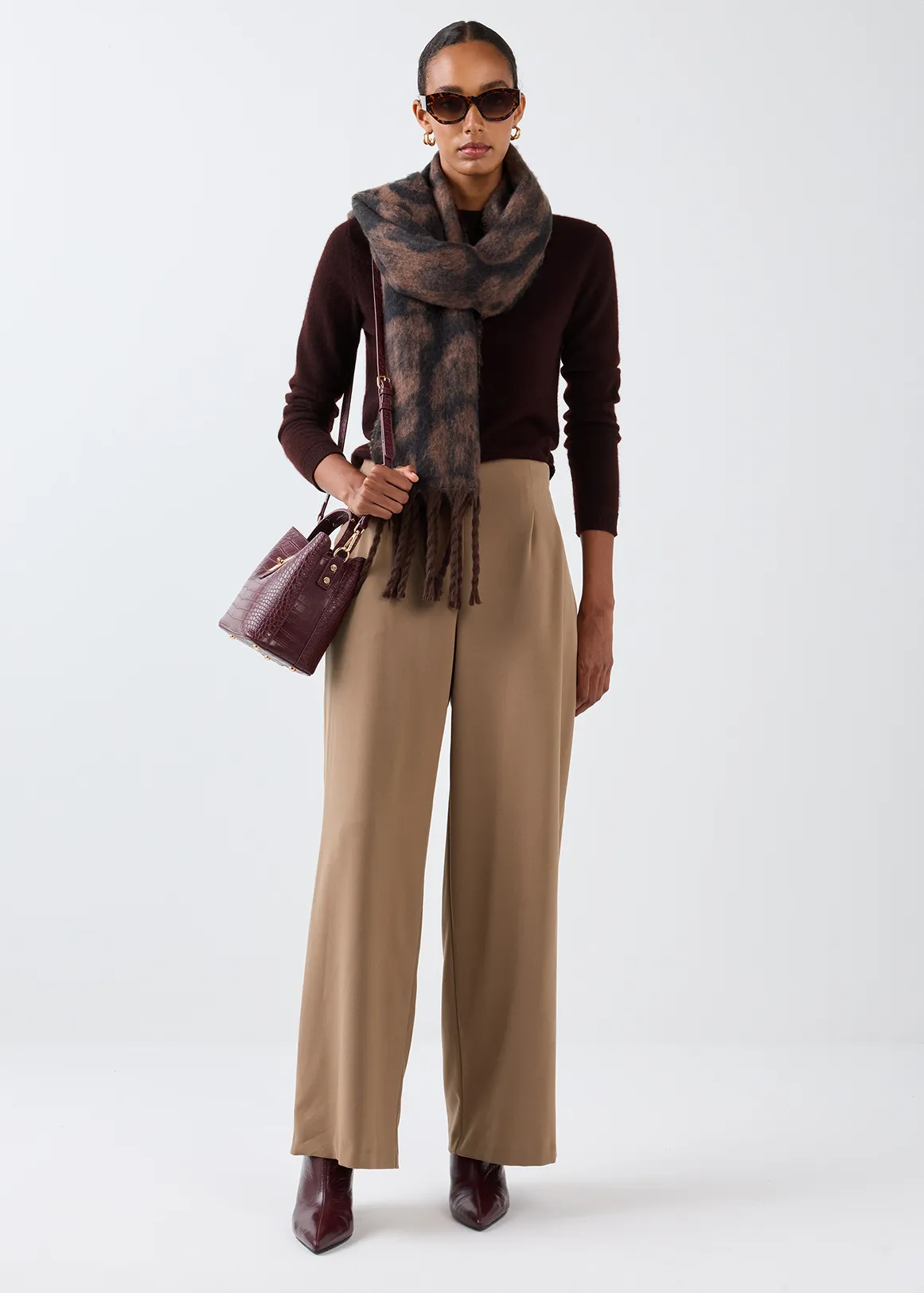 High Rise Pleated Wide Leg Pants - Curvy - TAN