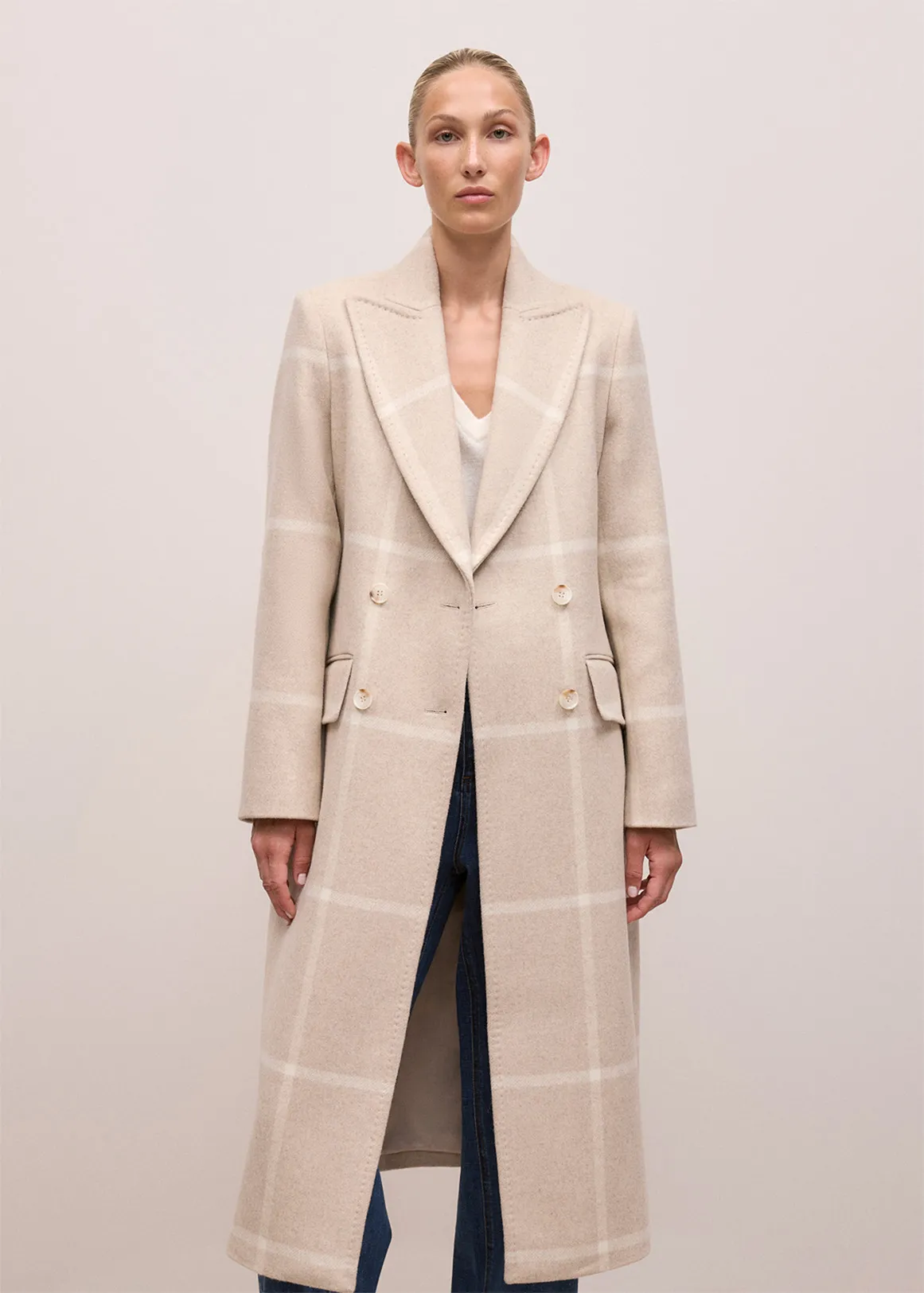 Italian Wool Blend Check Coat - STONE