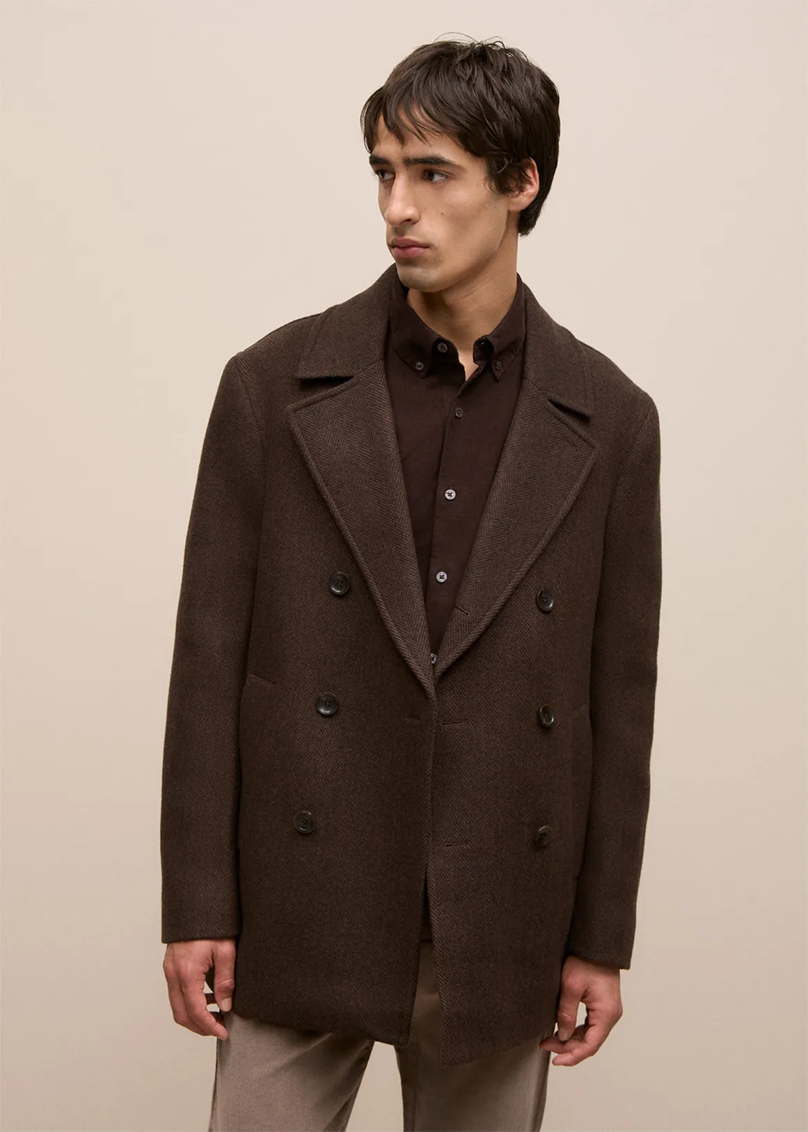 Italian Wool Herringbone Peacoat - COFFEE  BEAN
