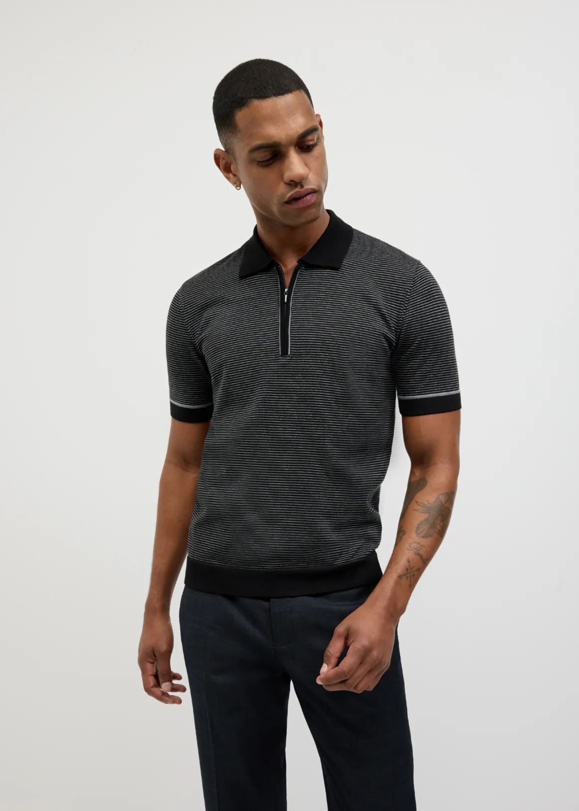Joseph Stripe Knit Polo - BLACK