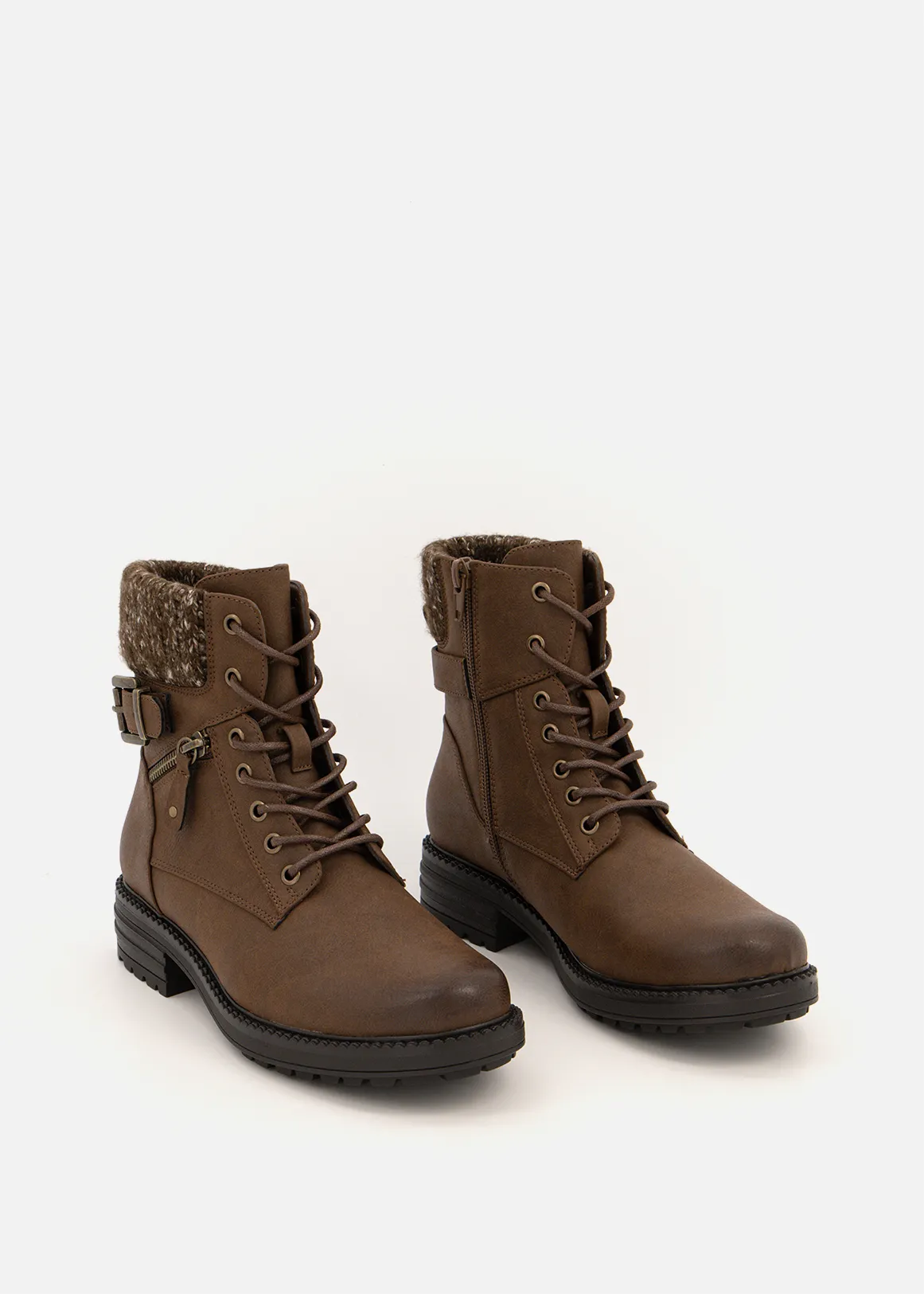 Knit Cuff Lace-up Faux Leather Ankle Boots - BROWN