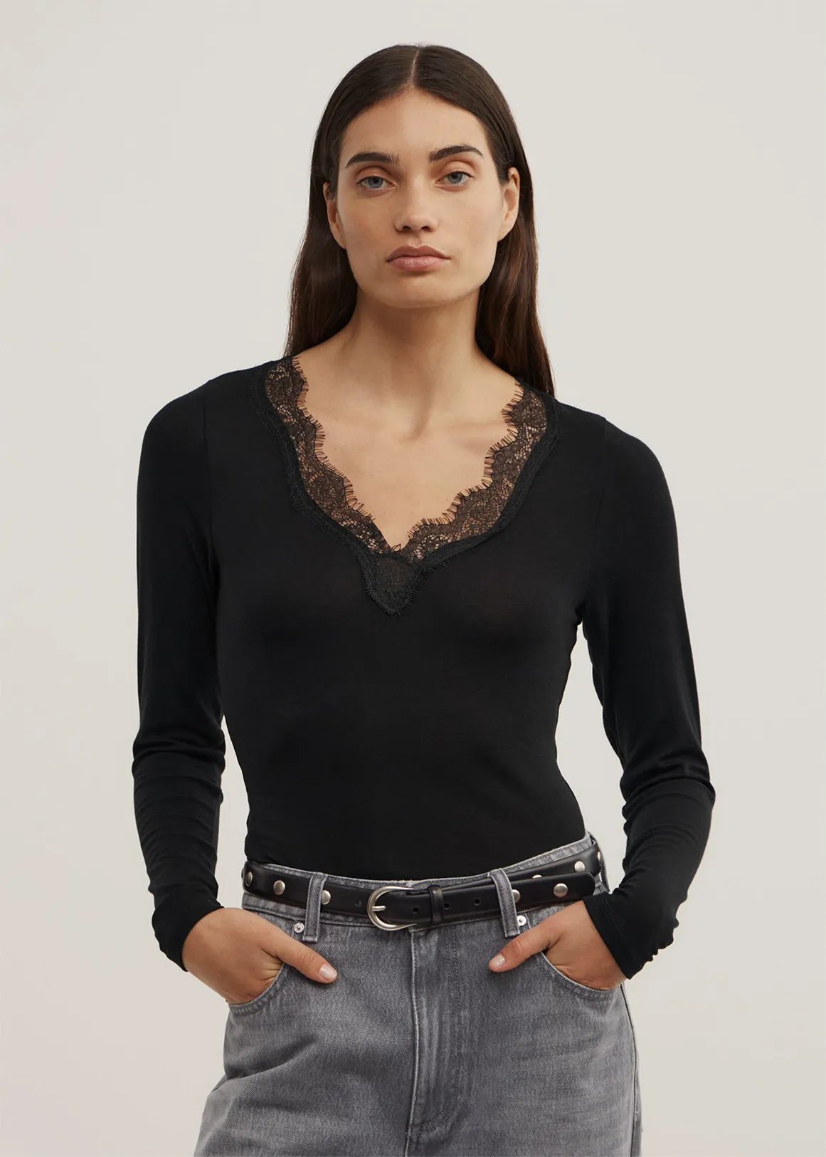 Lace Detail Long Sleeve Top - BLACK
